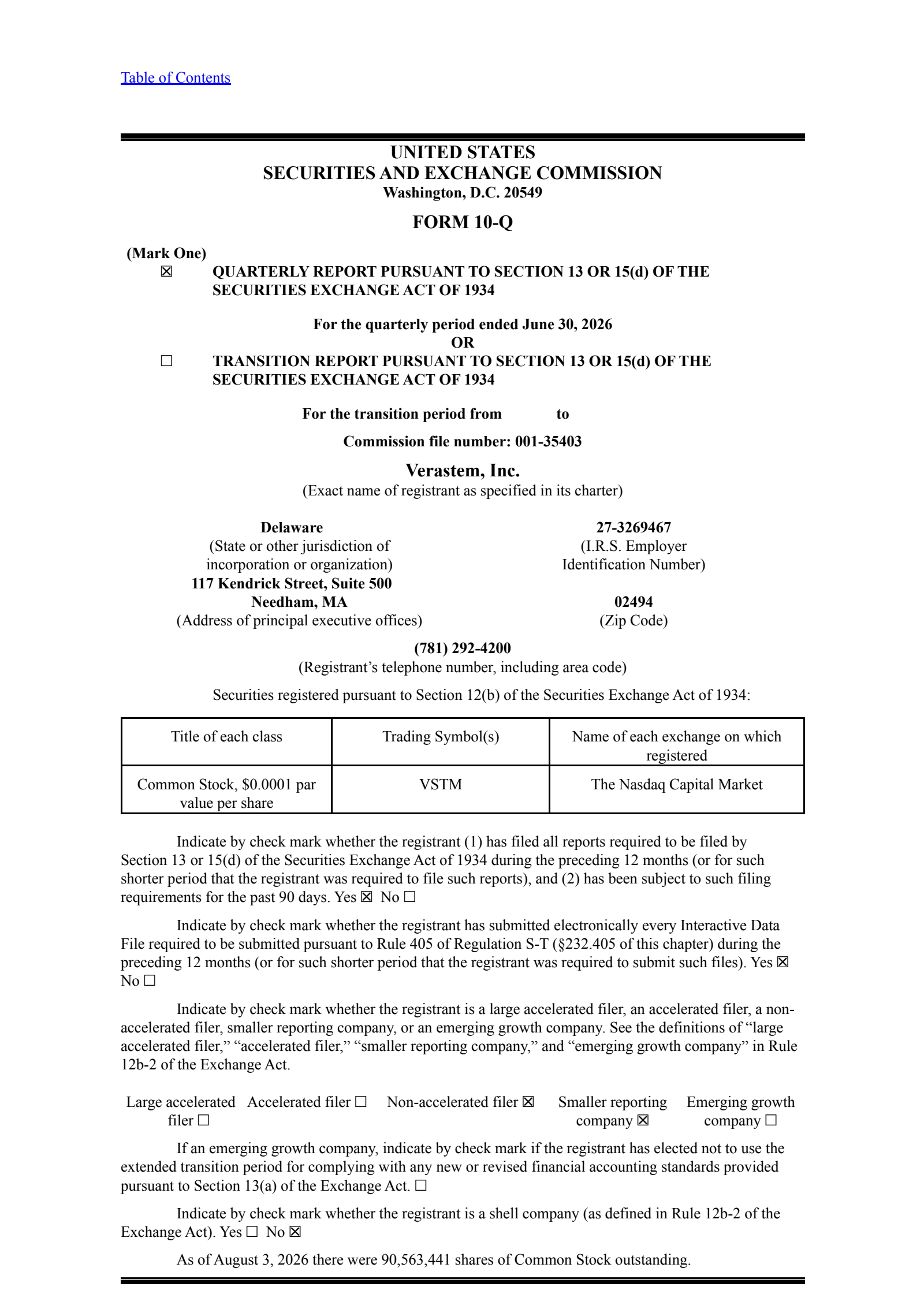 Verastem's Q2 2026 Quarterly report