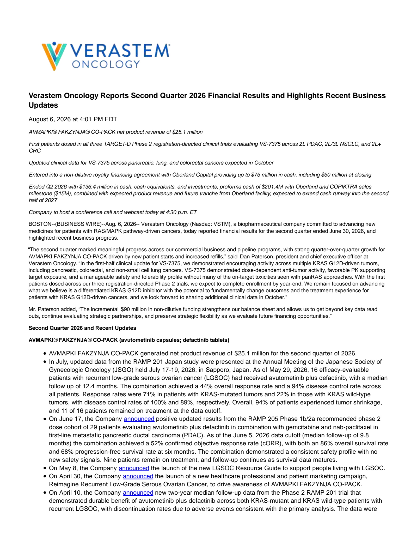 Verastem's Q2 2026 Press Release