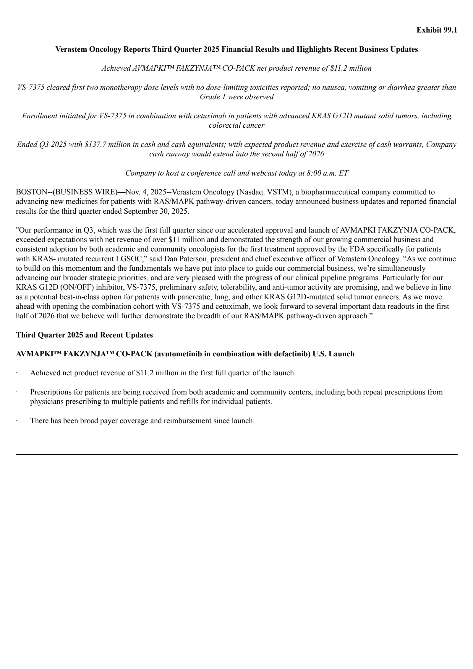 Verastem's Q3 2025 Earnings Release