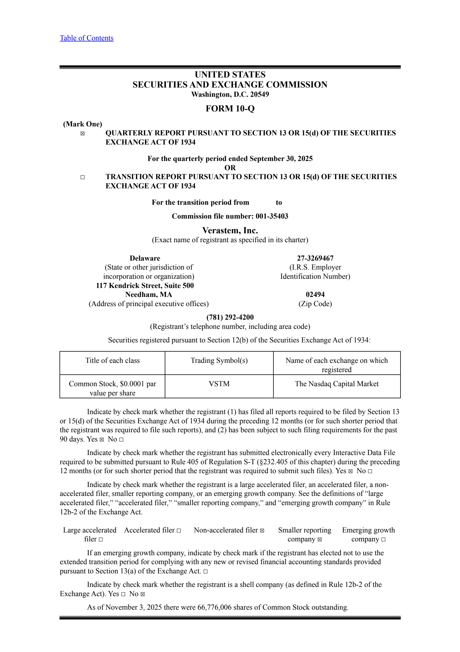 Verastem's Q3 2025 Quarterly Report