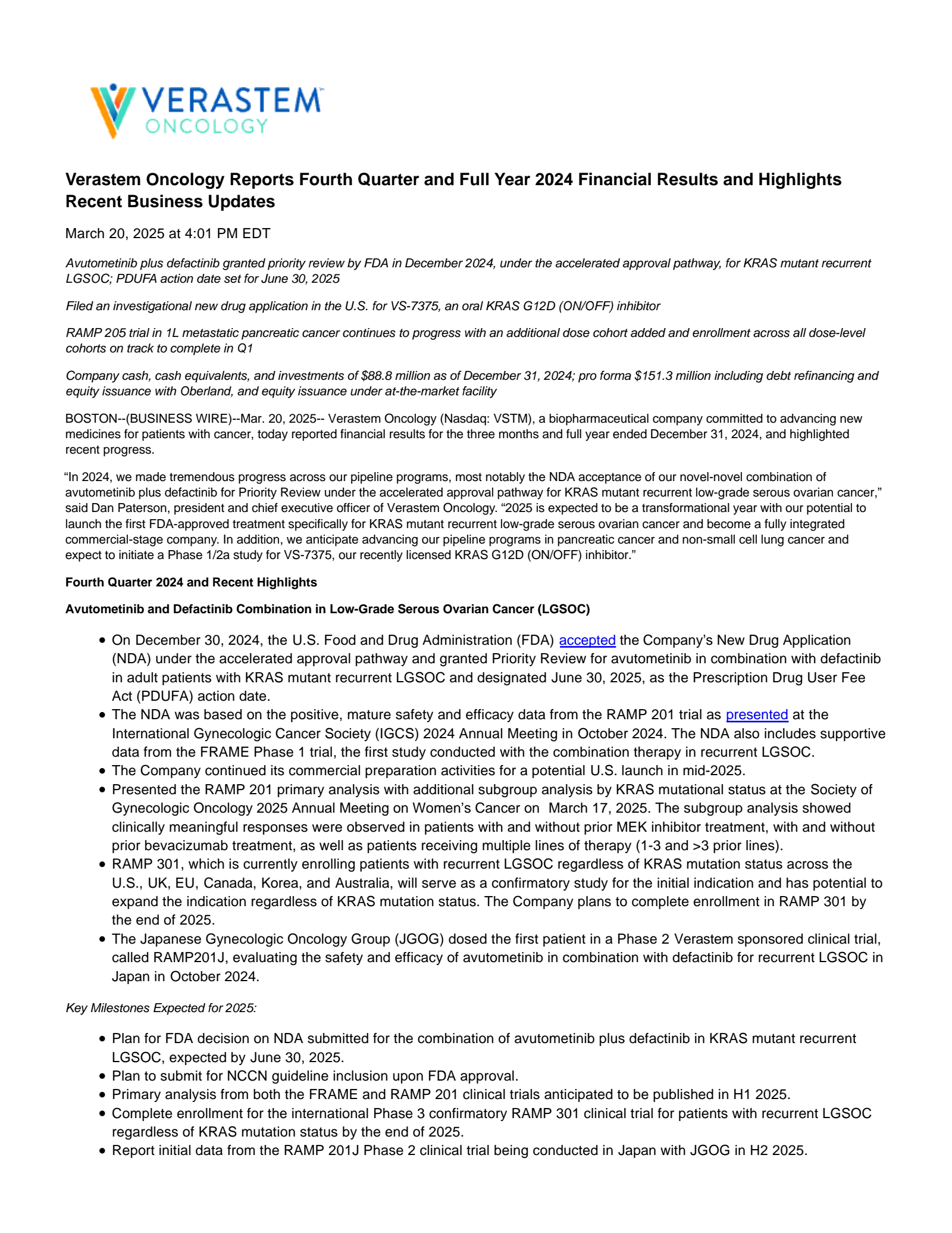 Verastem's Q4 2024 Annual report