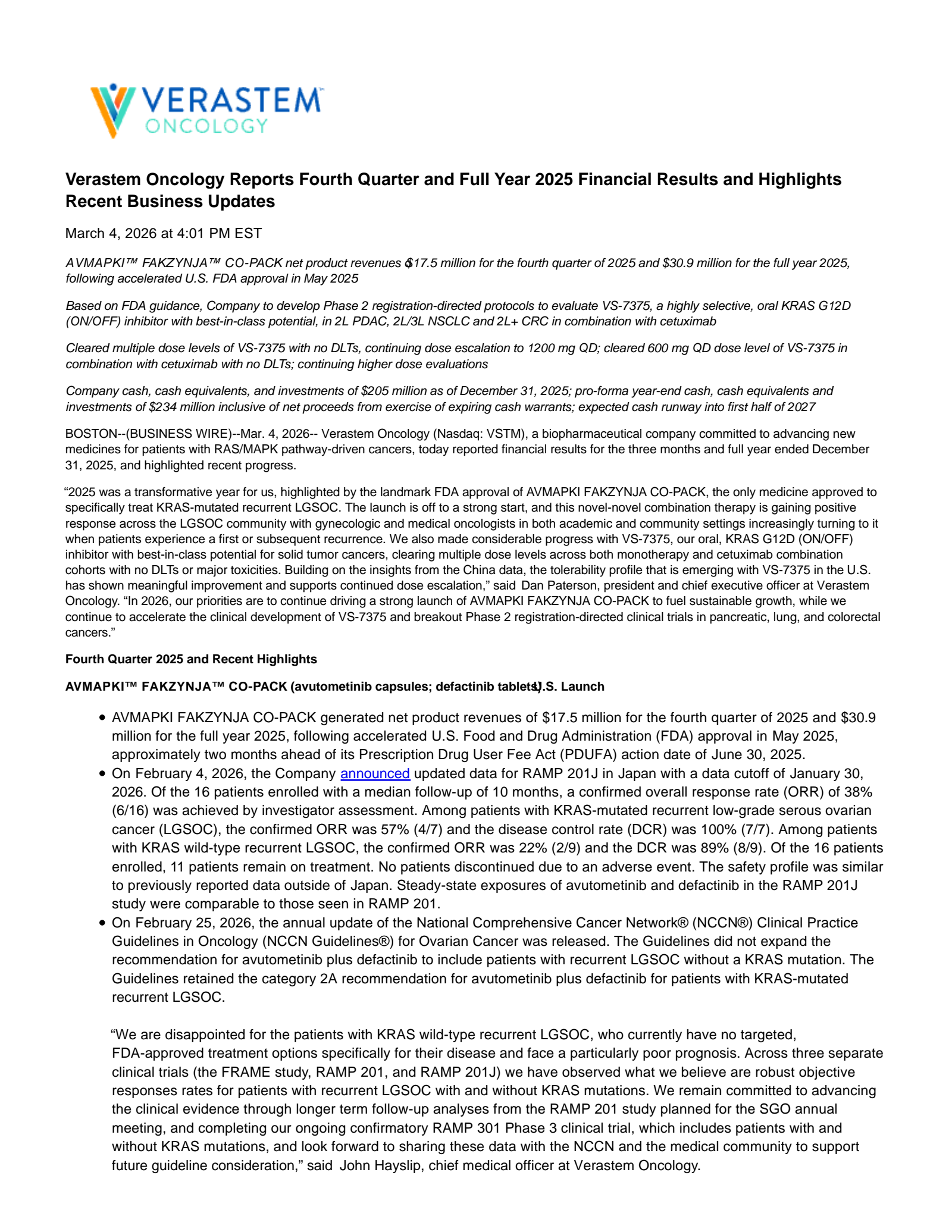 Verastem's Q4 2025 Press Release