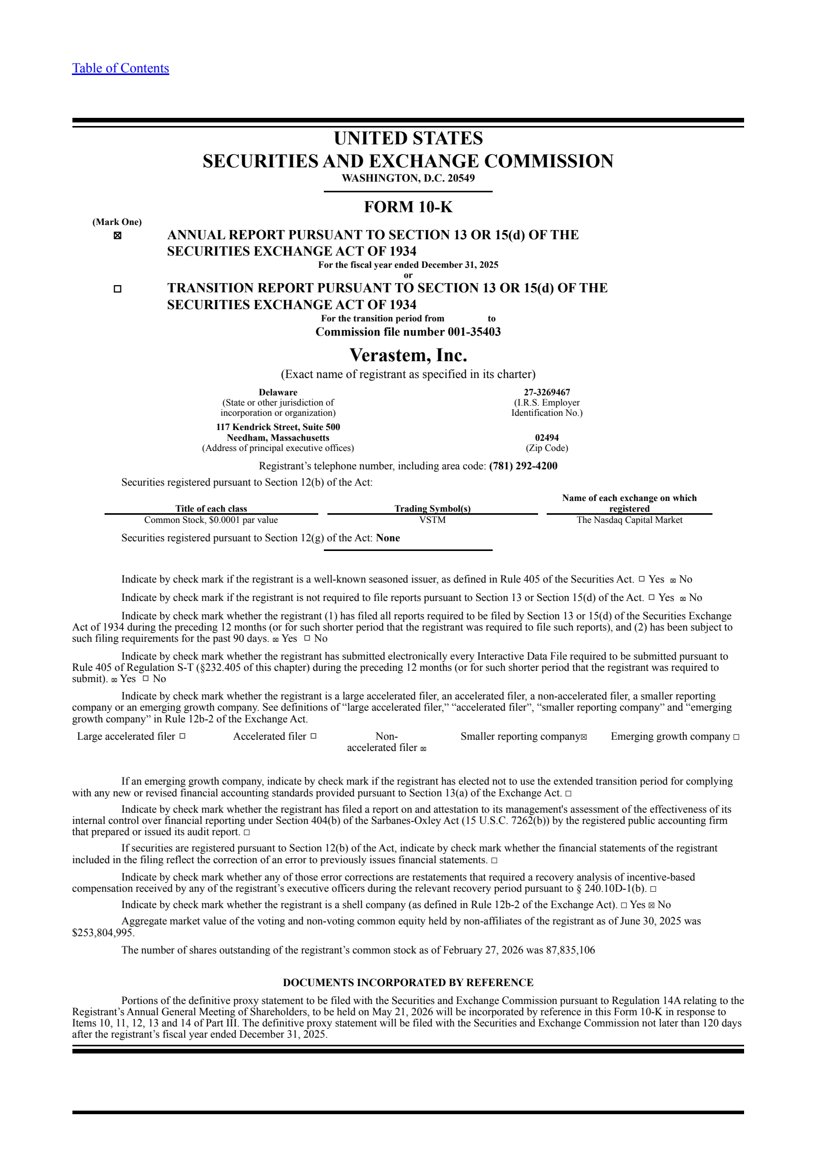 Verastem's Q4 2025 Annual report