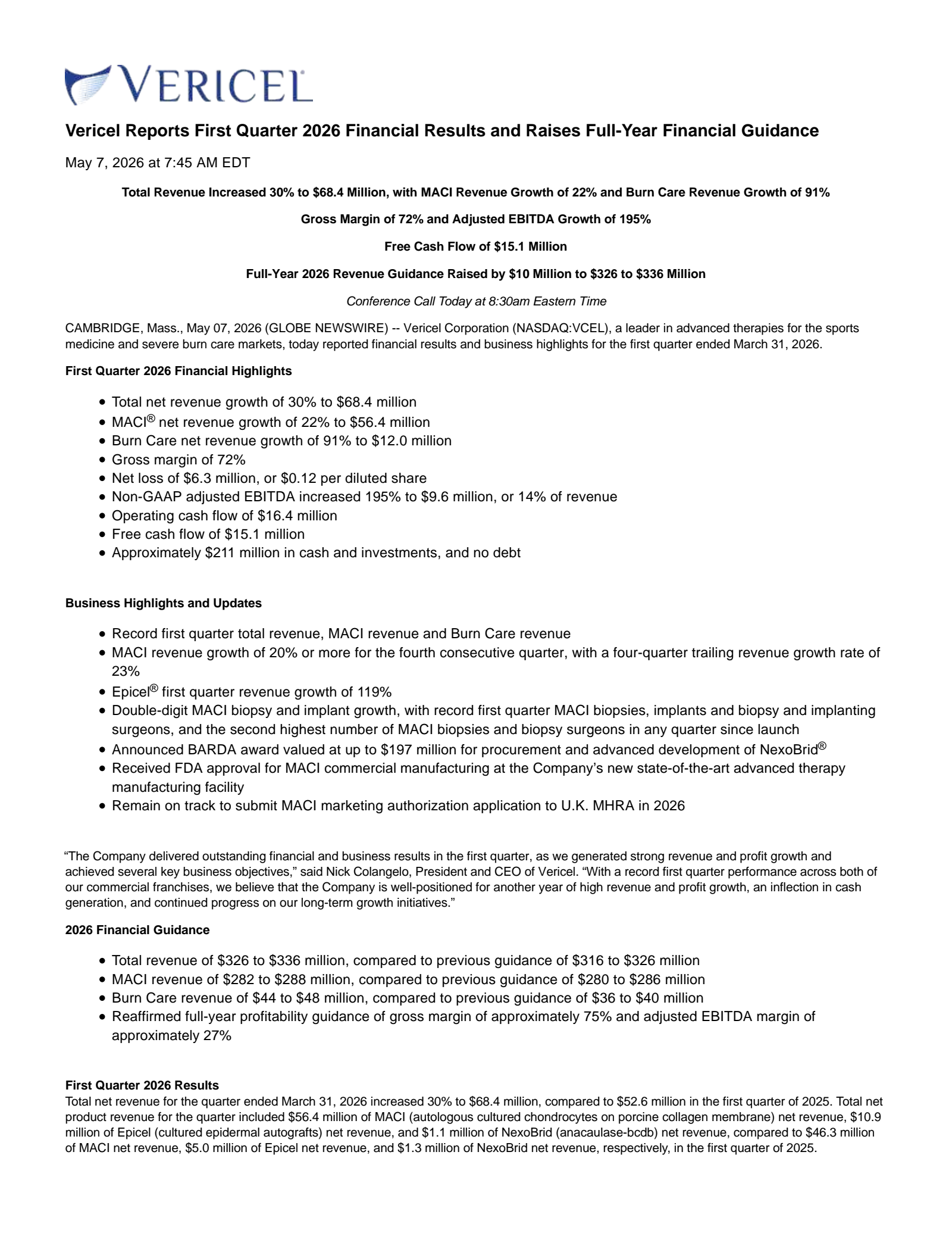 Vericel's Q1 2026 Press Release