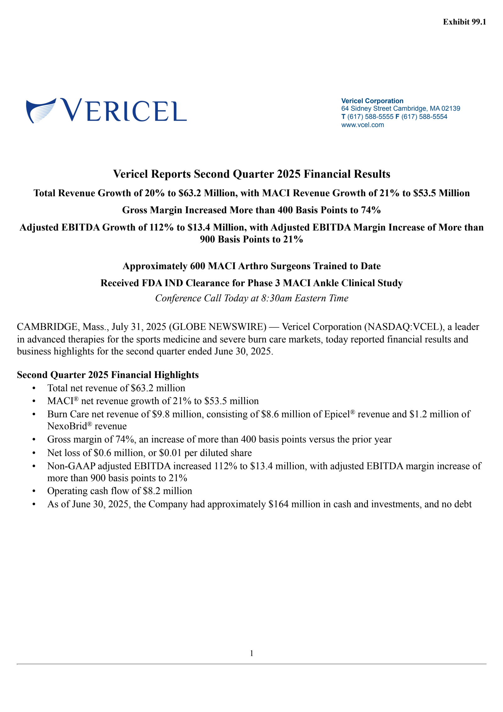 Vericel's Q2 2025 Press Release