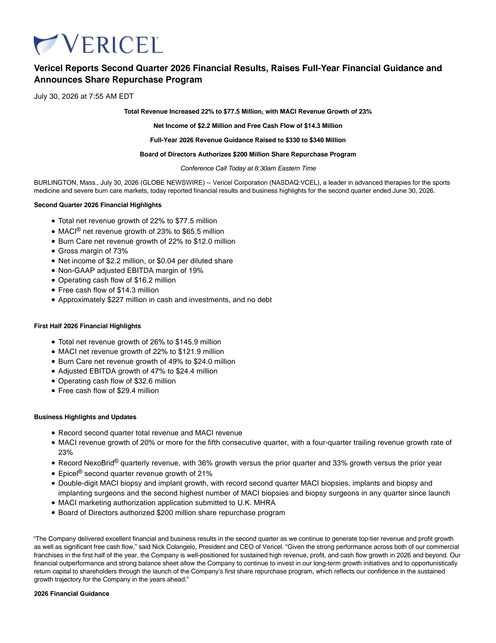 Vericel's Q2 2026 Press Release