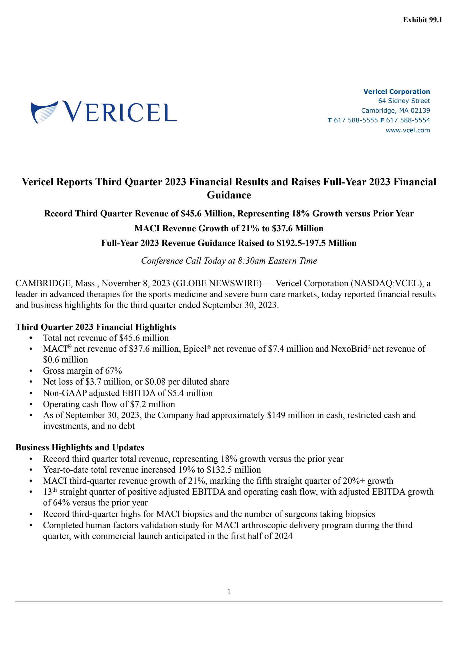 Vericel's Q3 2023 Press Release