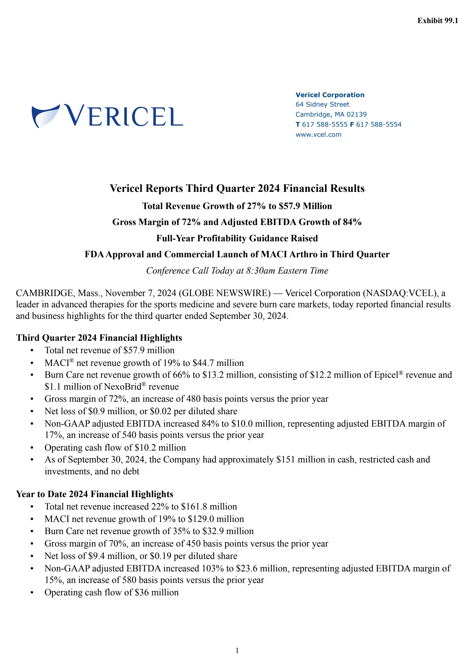 Vericel's Q3 2024 Press Release