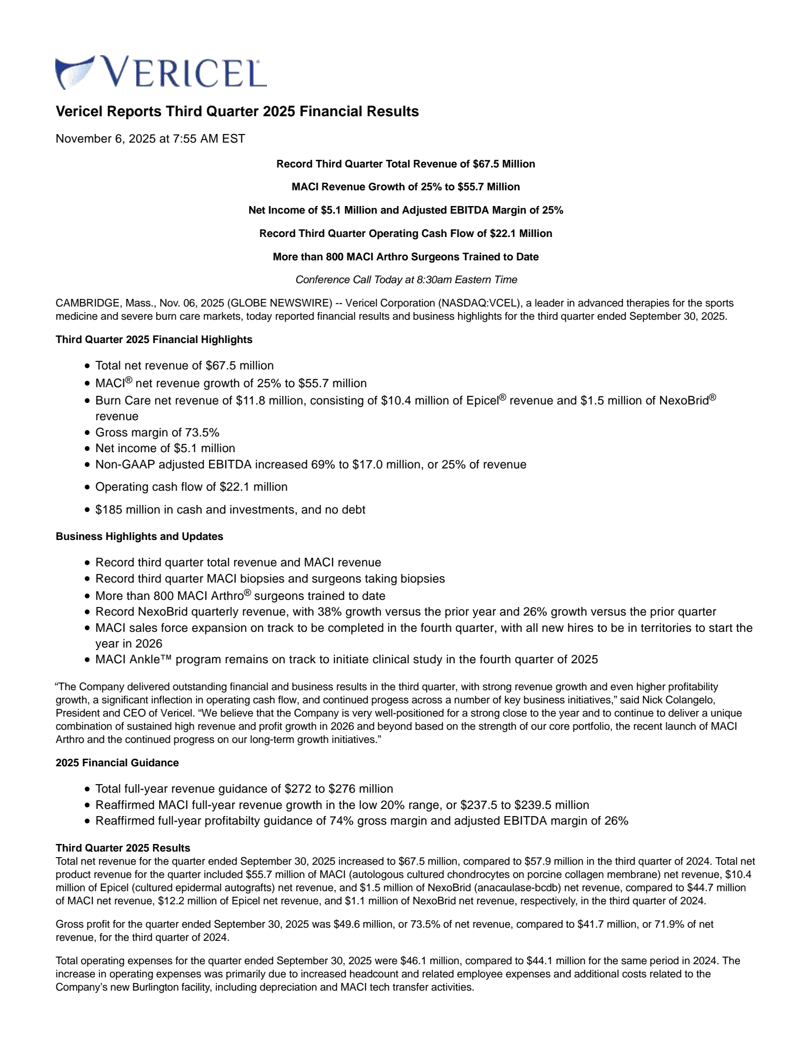 Vericel's Q3 2025 Earnings Release