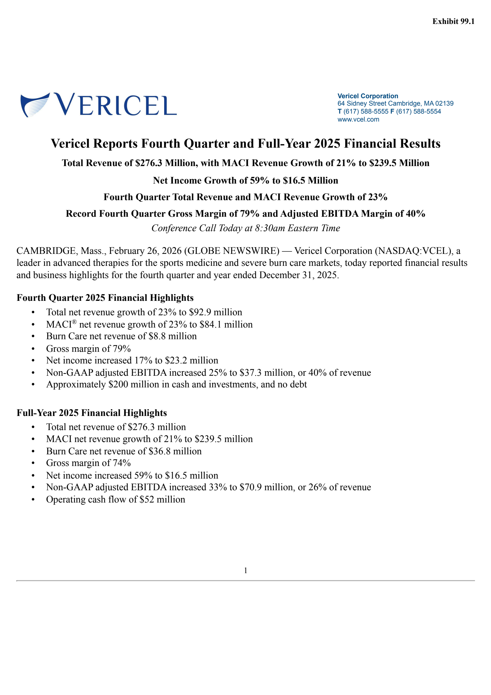 Vericel's Q4 2025 Press Release