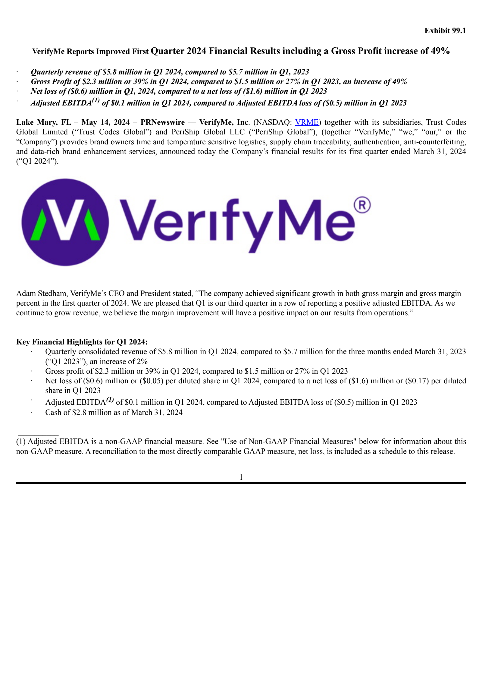 VerifyMe's Q1 2024 Press Release