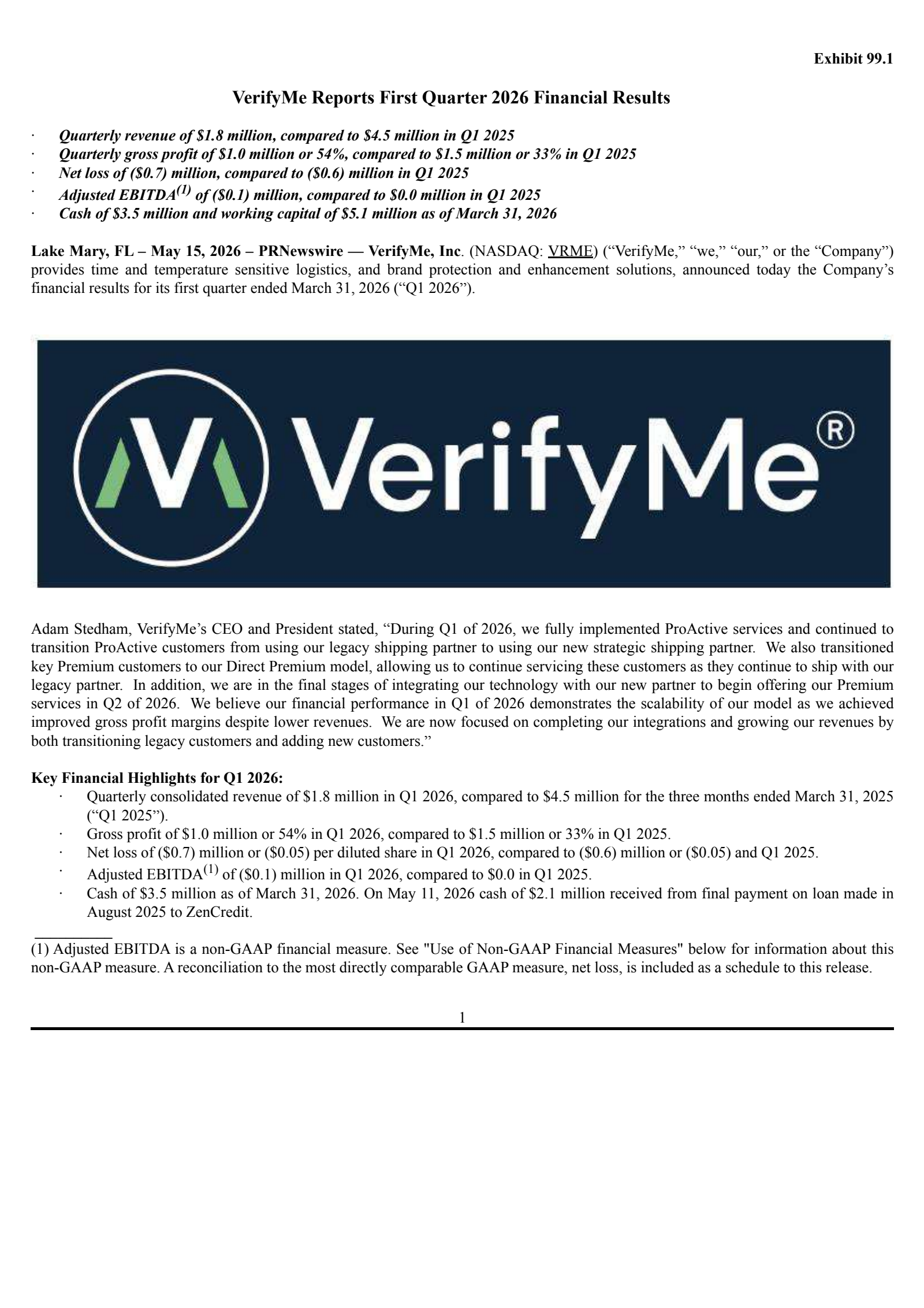 VerifyMe's Q1 2026 Press Release