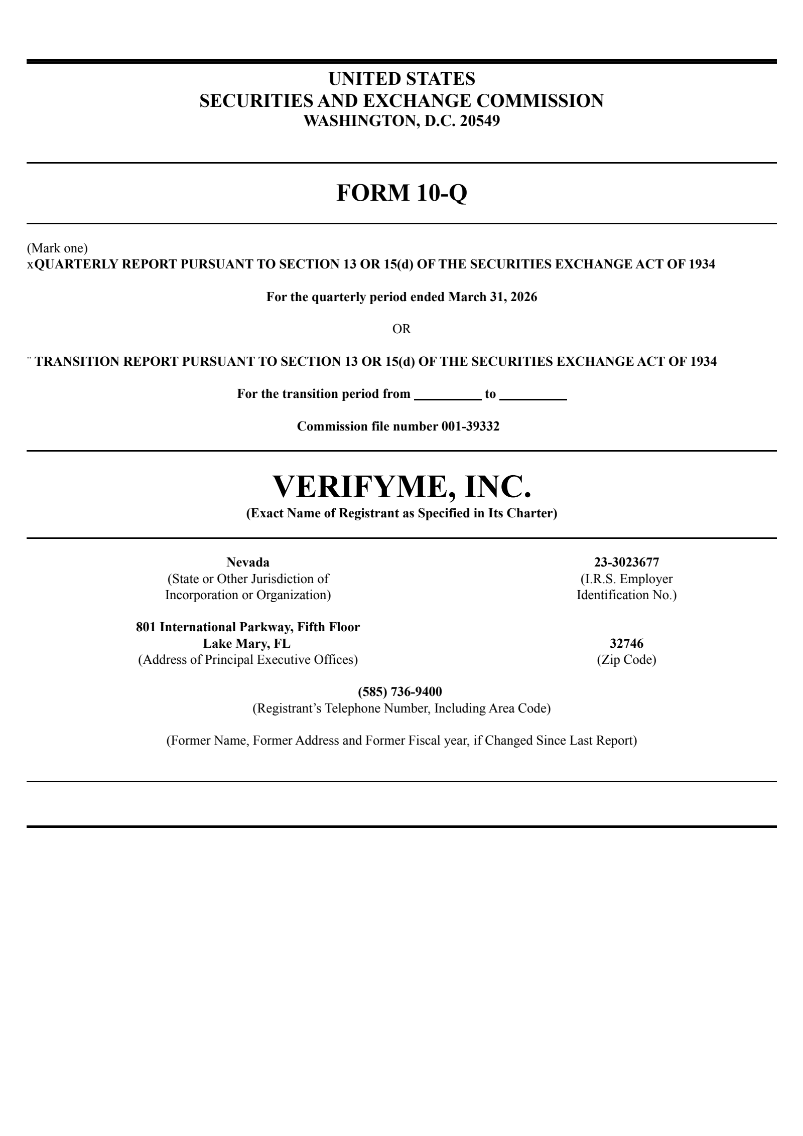 VerifyMe's Q1 2026 Quarterly report