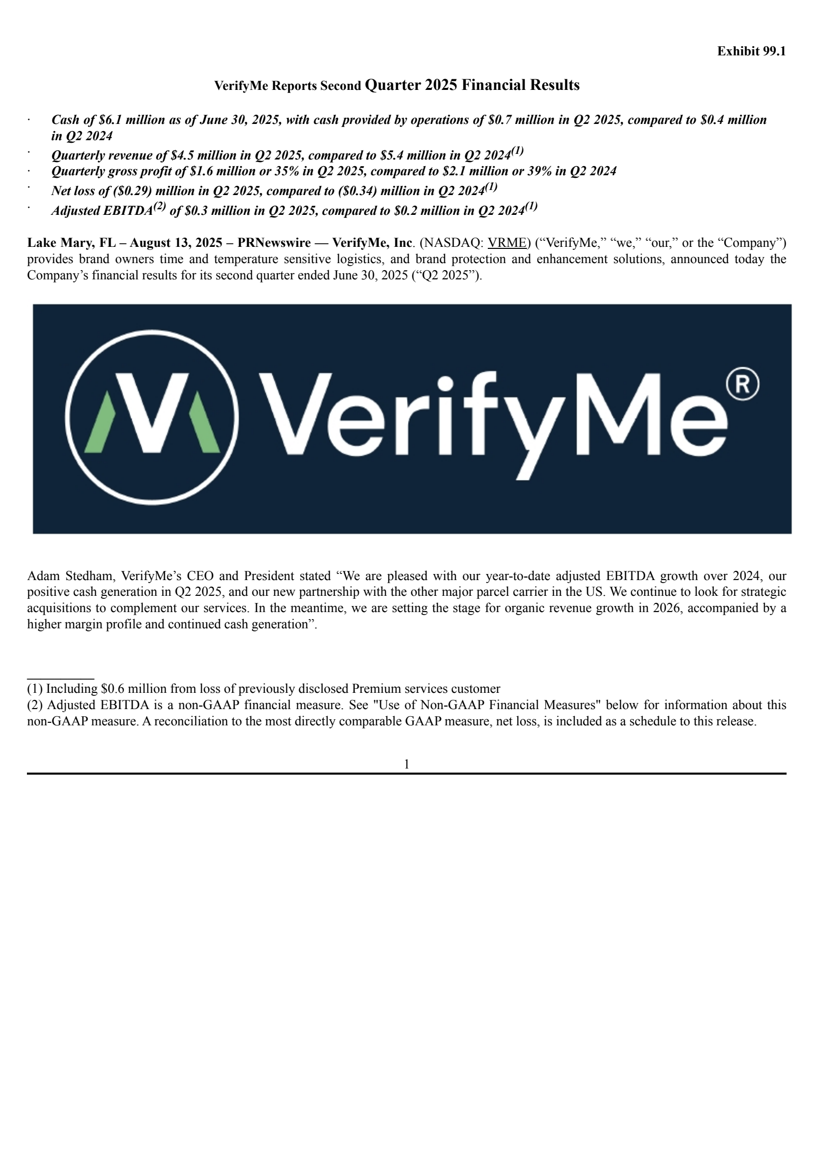 VerifyMe's Q2 2025 Press Release