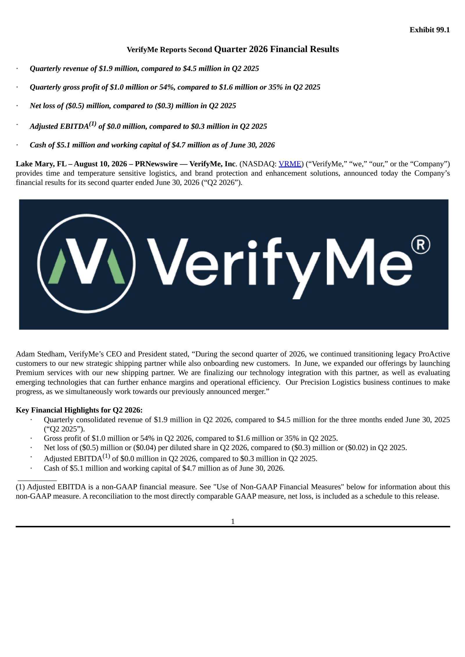 VerifyMe's Q2 2026 Press Release