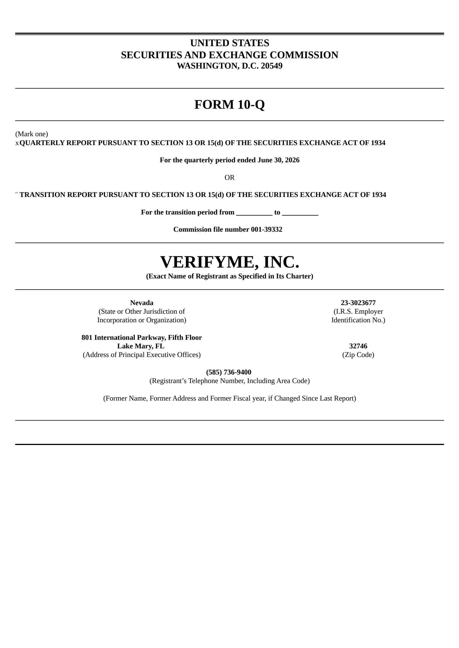 VerifyMe's Q2 2026 Quarterly report