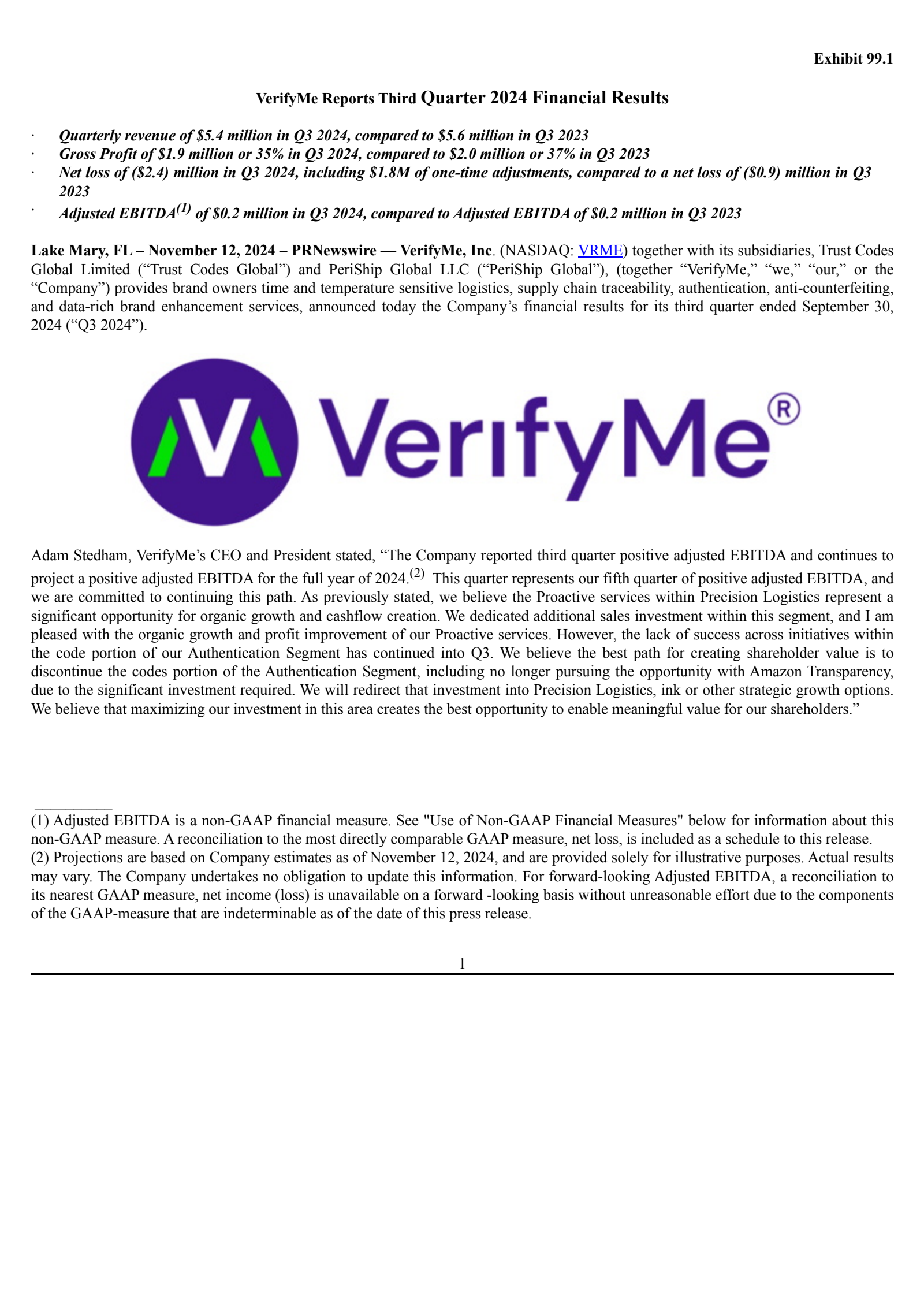 VerifyMe's Q3 2024 Press Release