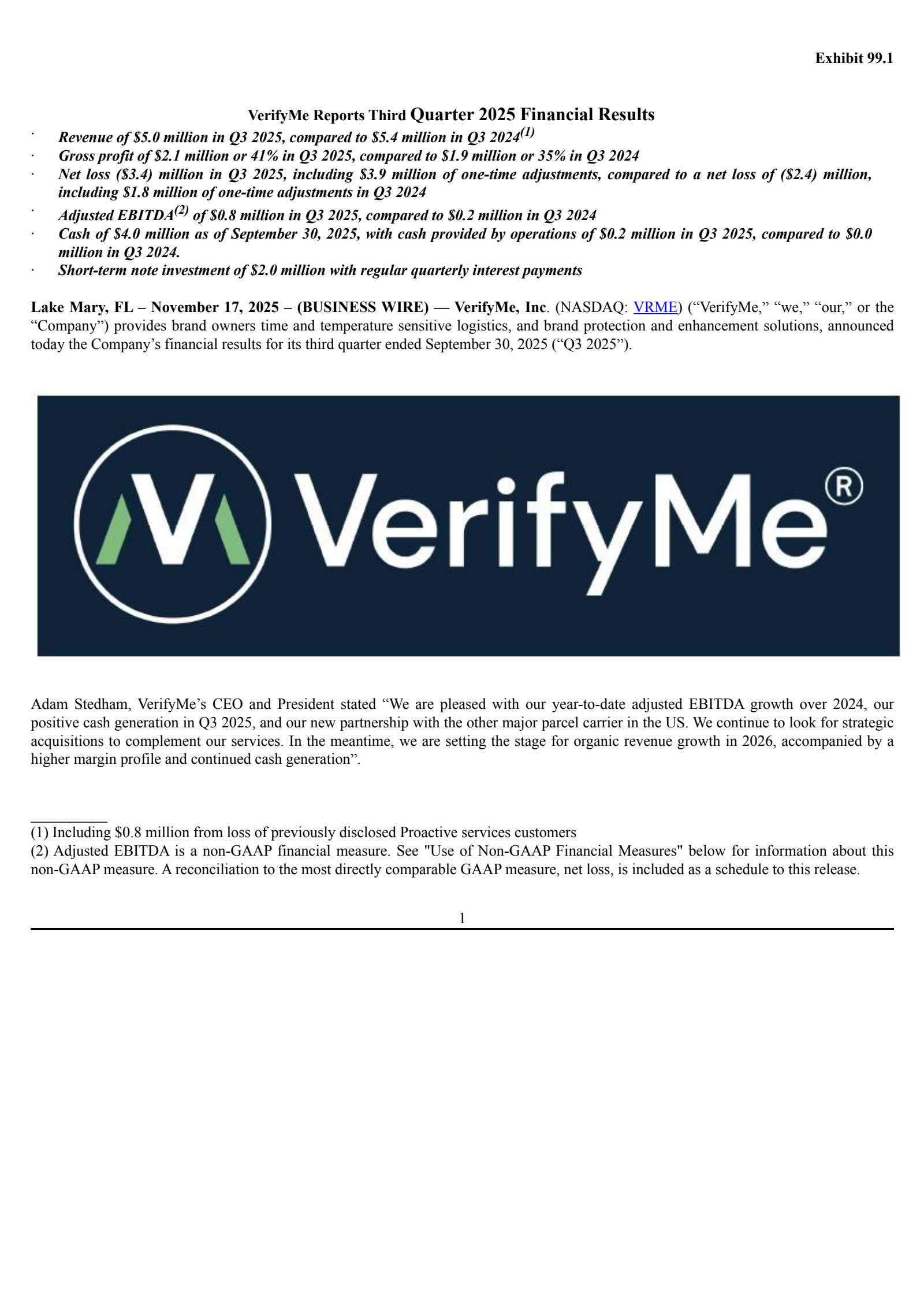 VerifyMe's Q3 2025 Earnings Release