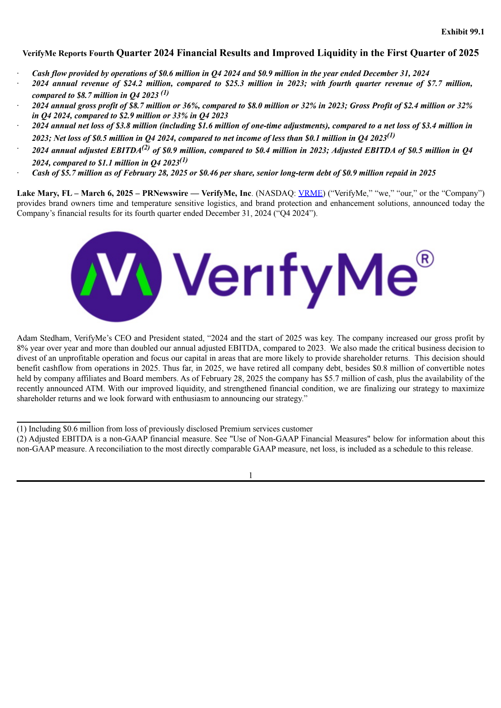 VerifyMe's Q4 2024 Press Release