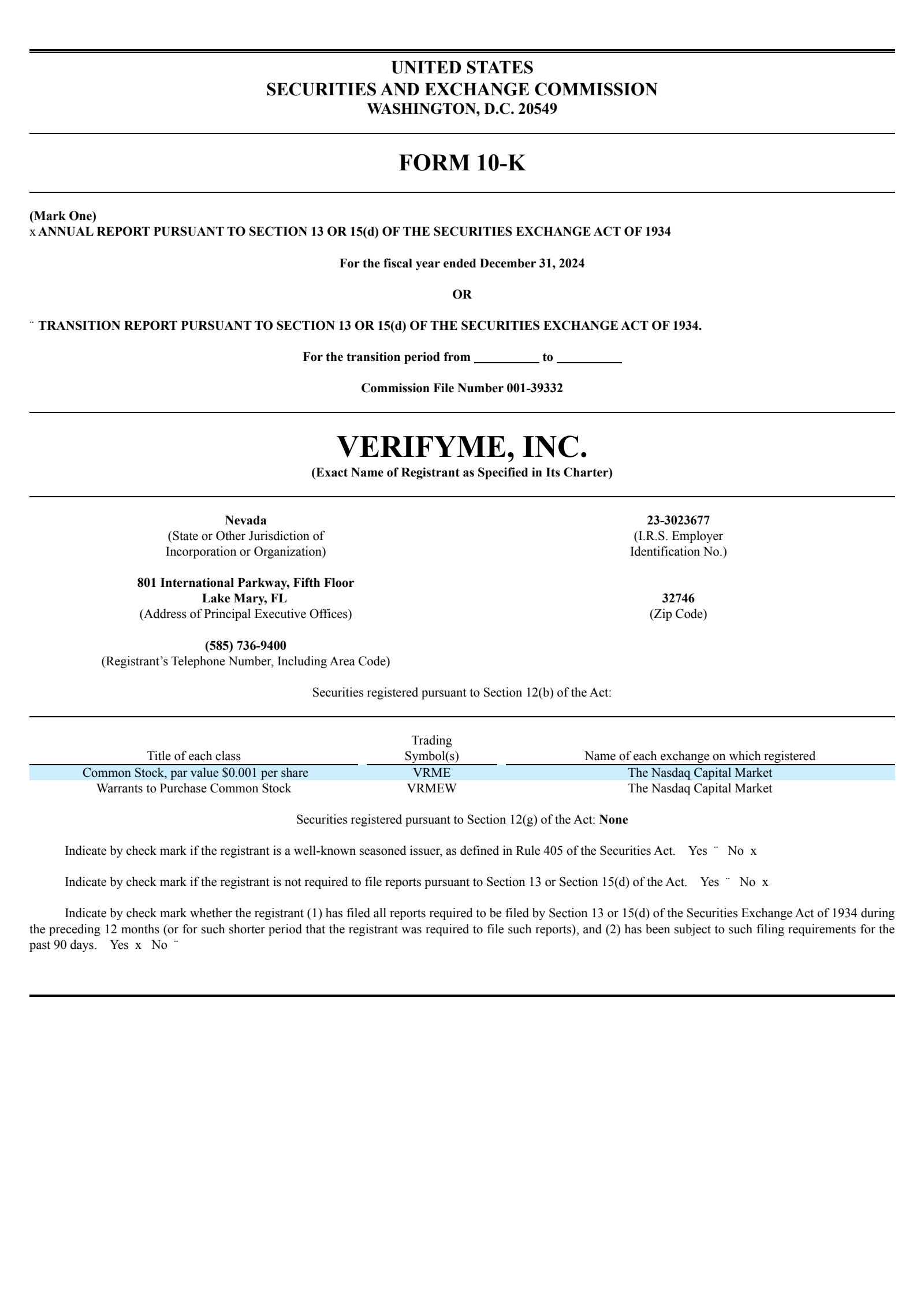 VerifyMe's Q4 2024 Annual report