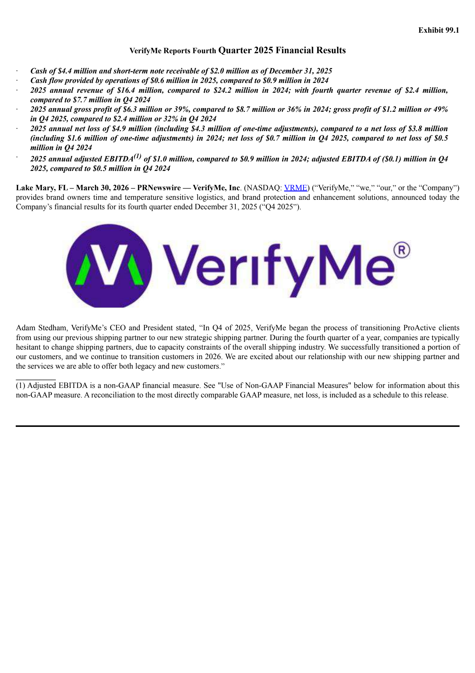 VerifyMe's Q4 2025 Press Release