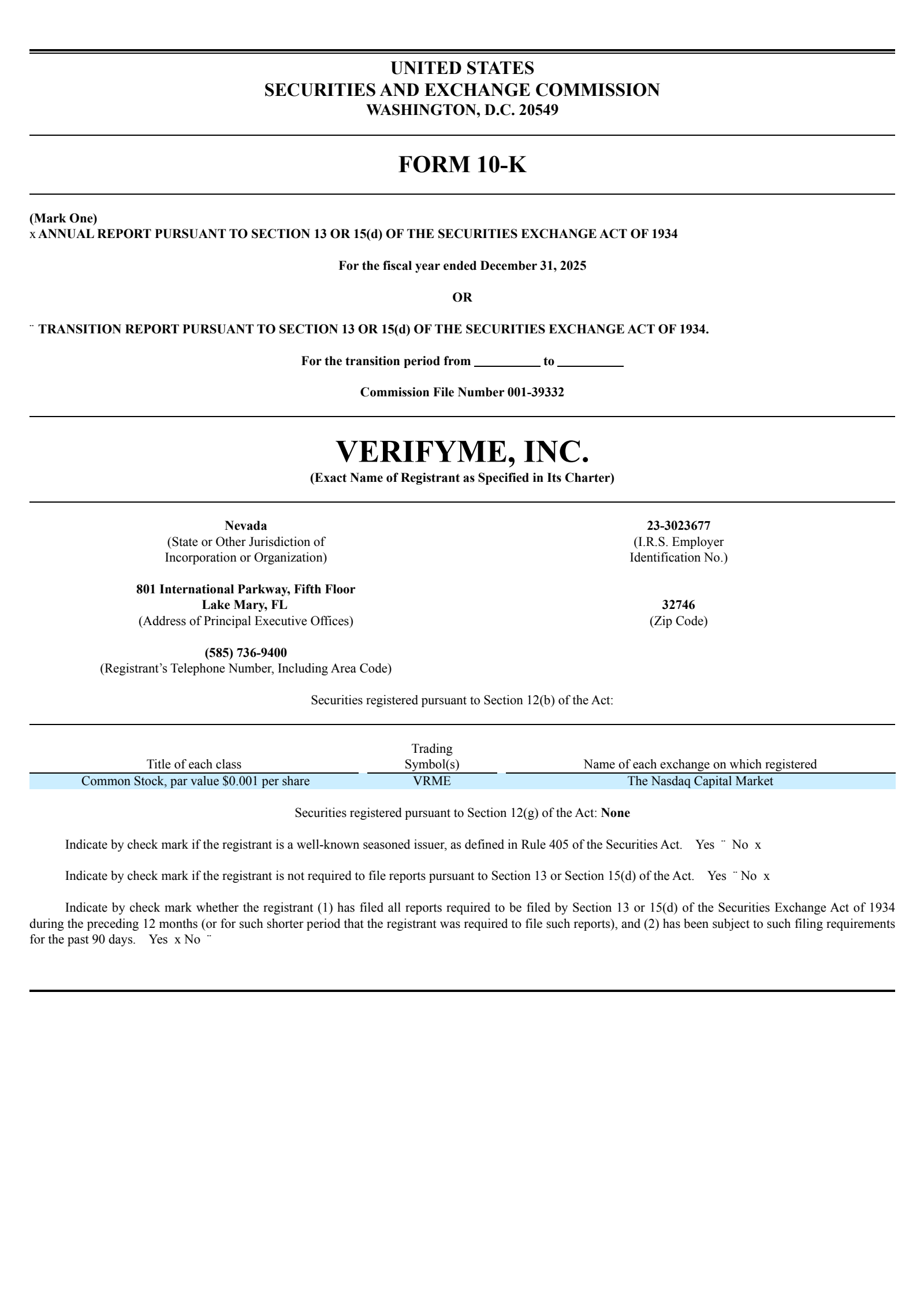VerifyMe's Q4 2025 Annual report