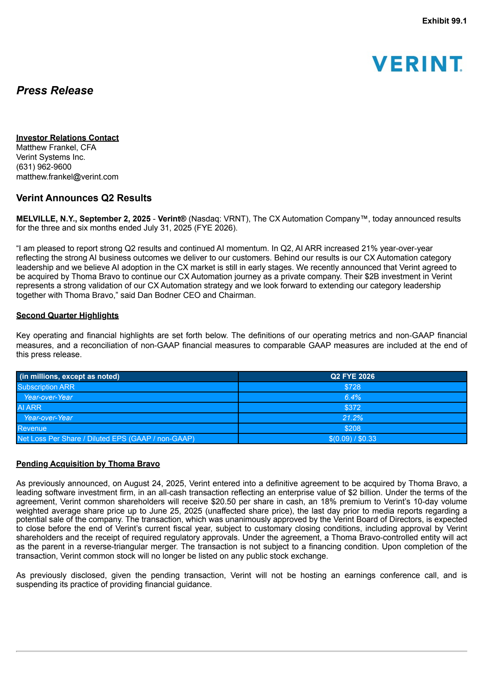 Verint Systems' Q2 2026 Press Release