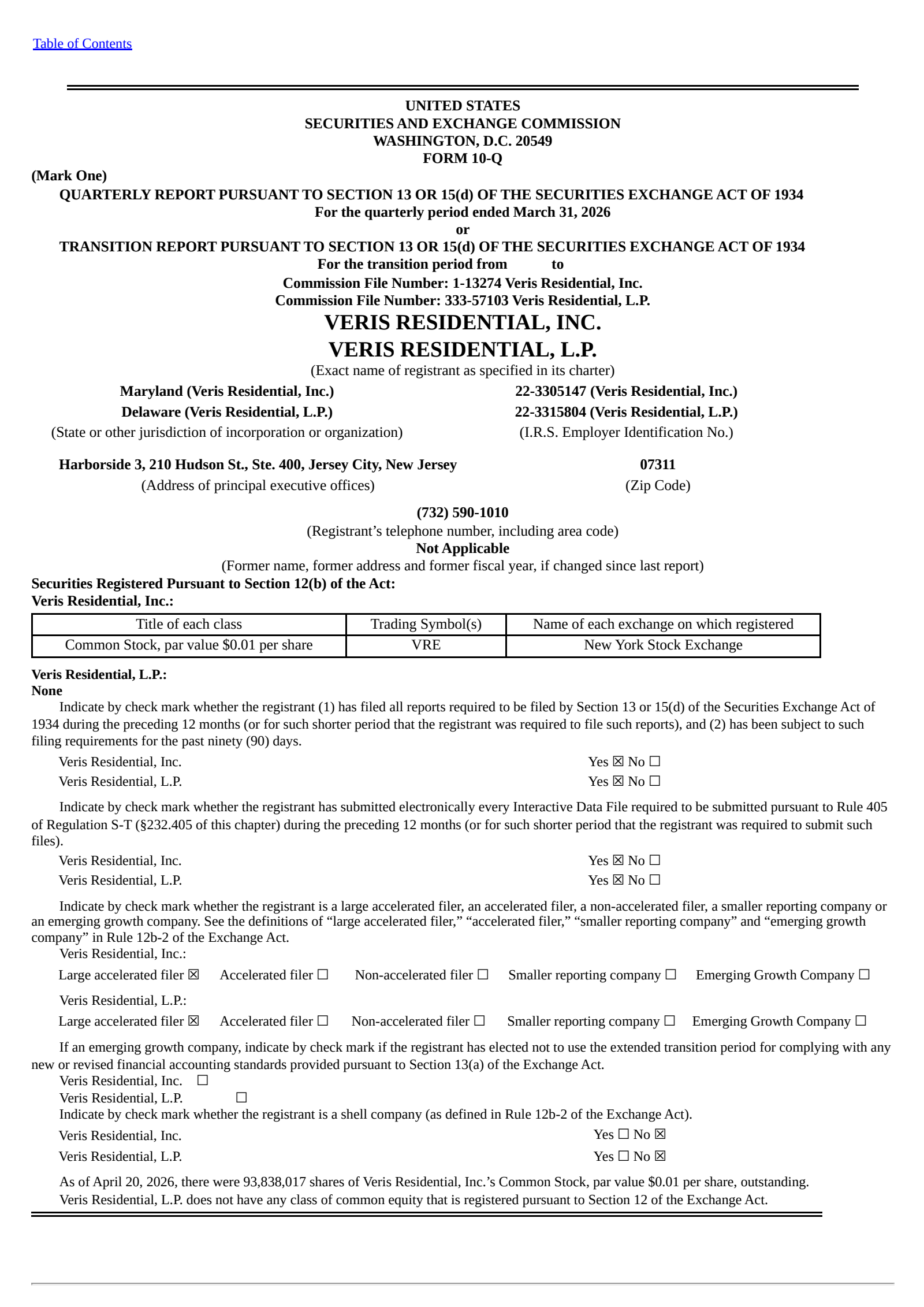 Veris Residential's Q1 2026 Quarterly report