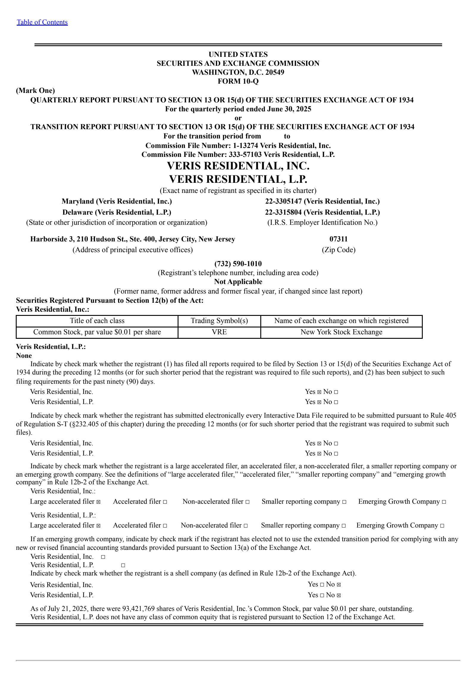 Veris Residential's Q2 2025 Quarterly report