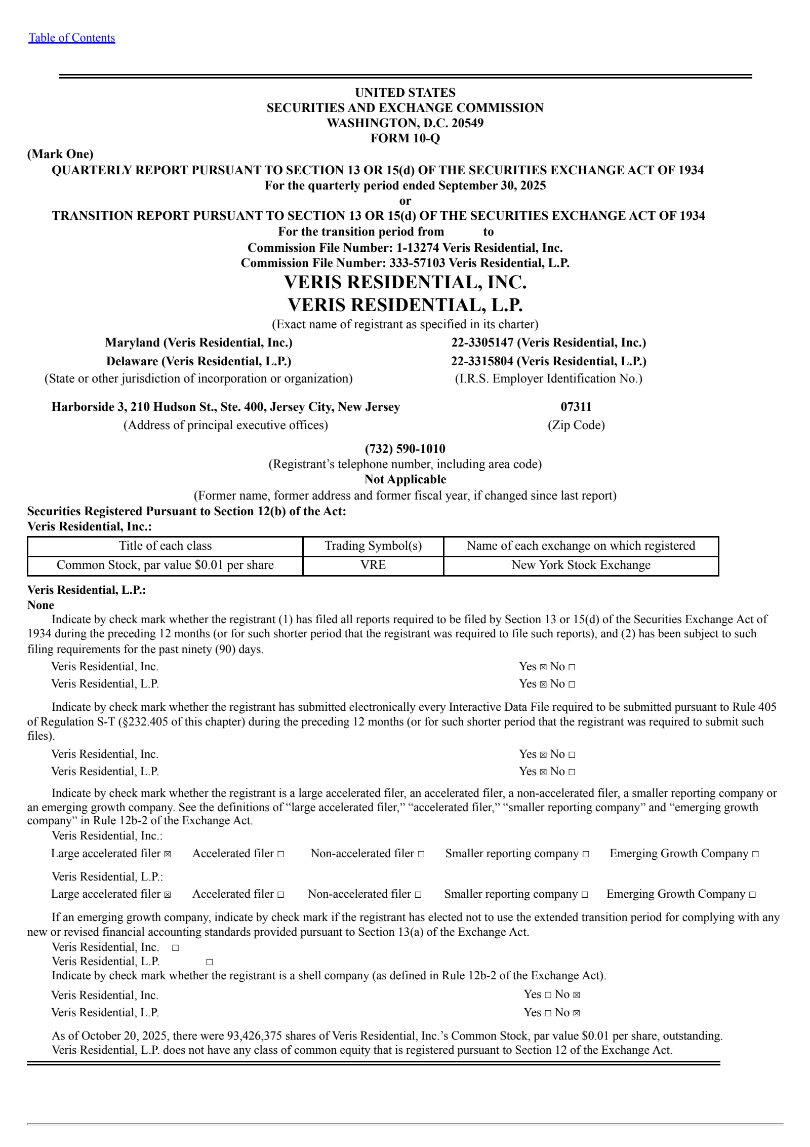 Veris Residential's Q3 2025 Quarterly Report