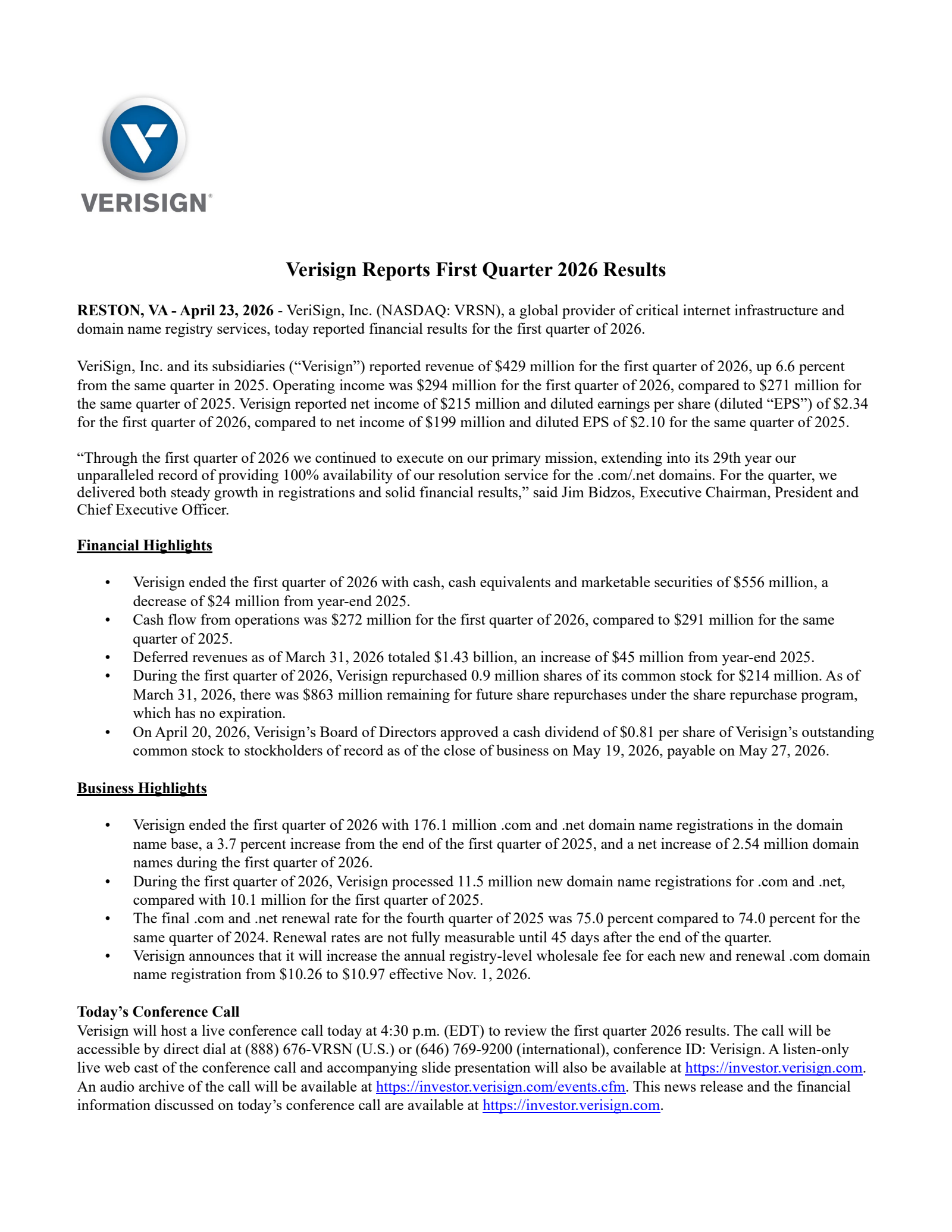VeriSign's Q1 2026 Press Release
