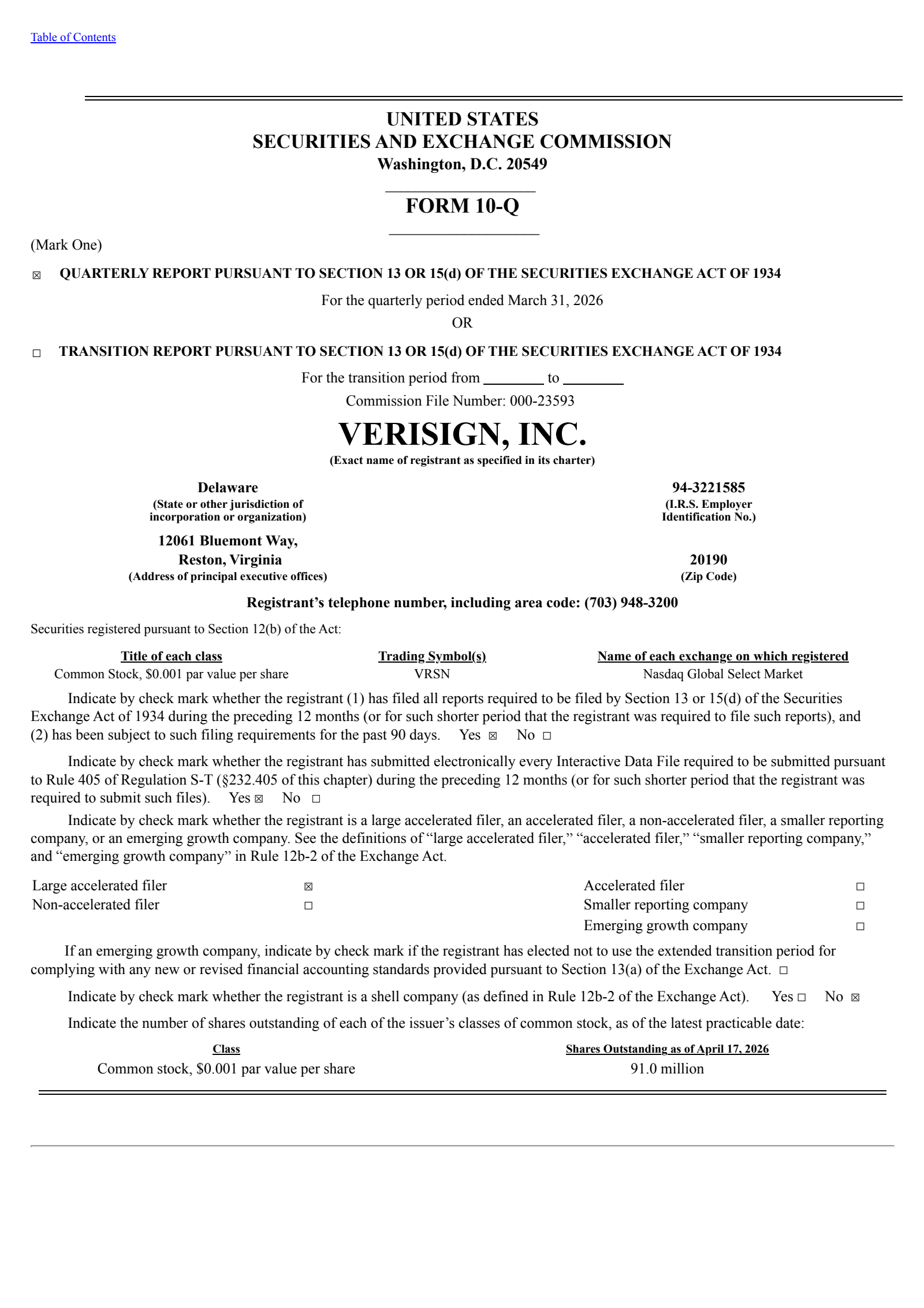 VeriSign's Q1 2026 Quarterly report