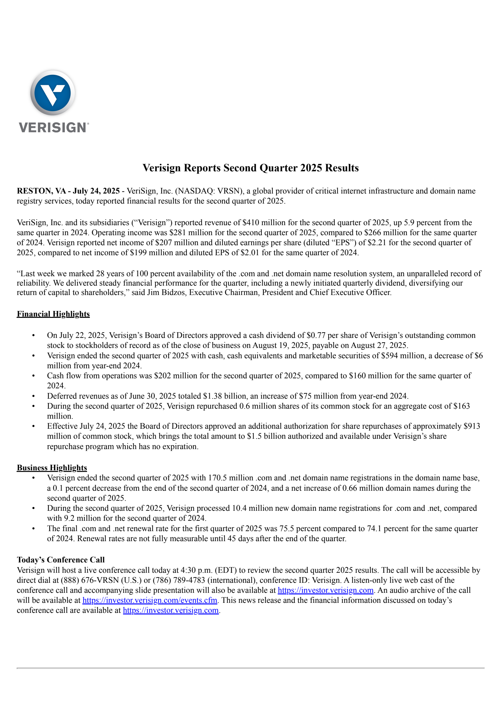 VeriSign's Q2 2025 Press Release