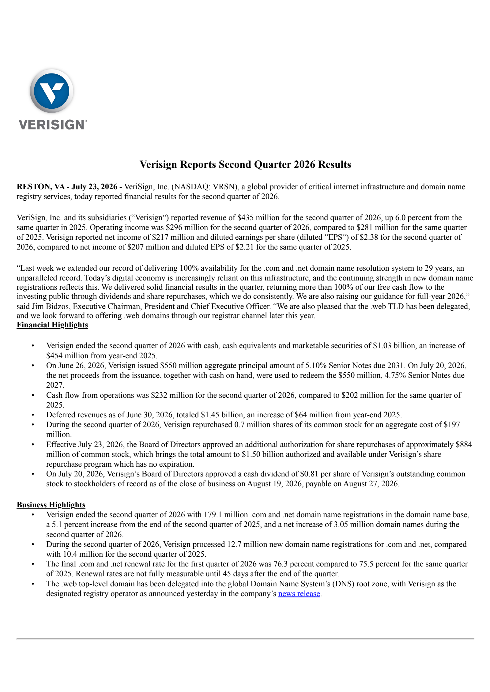 VeriSign's Q2 2026 Press Release