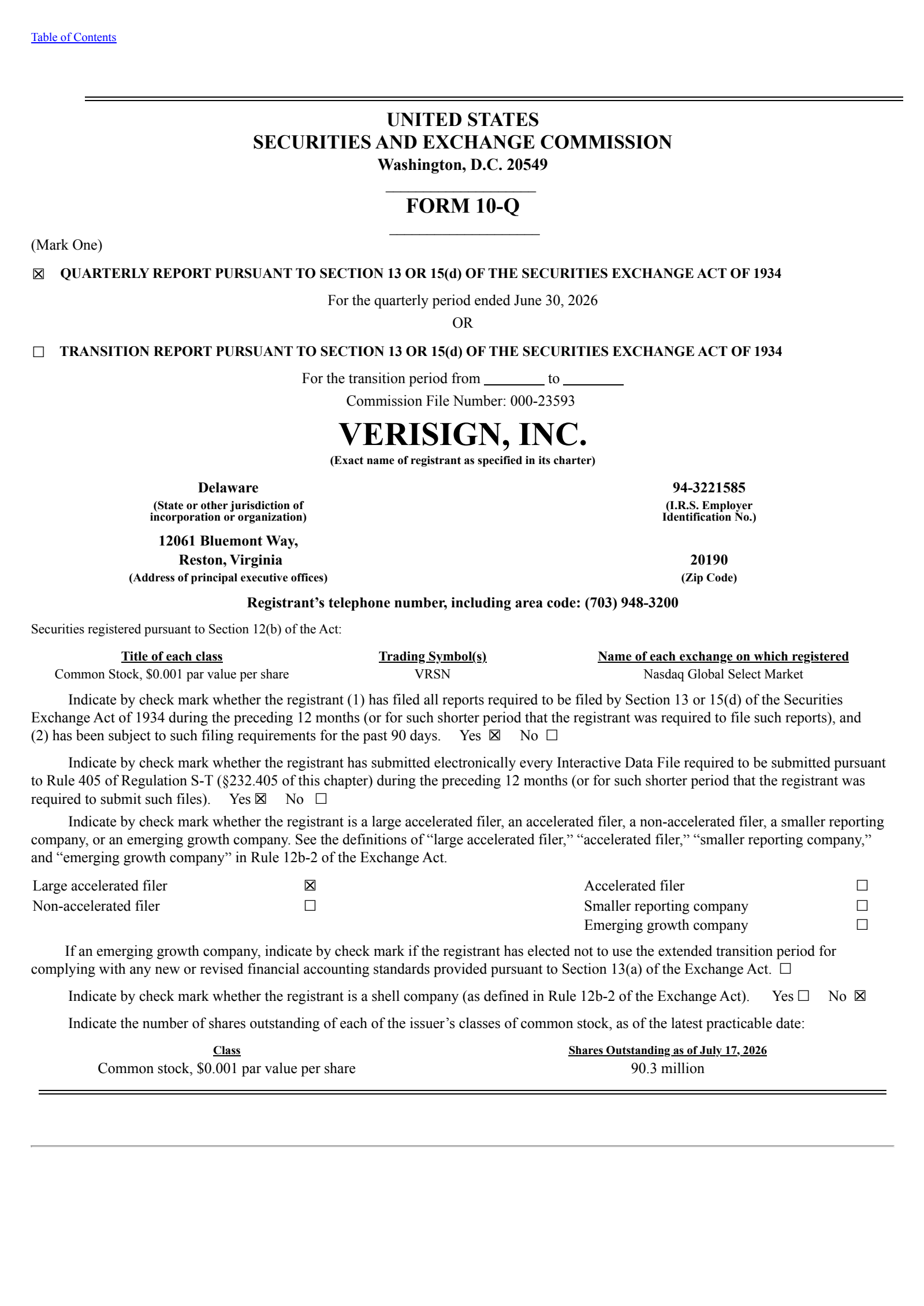 VeriSign's Q2 2026 Quarterly report