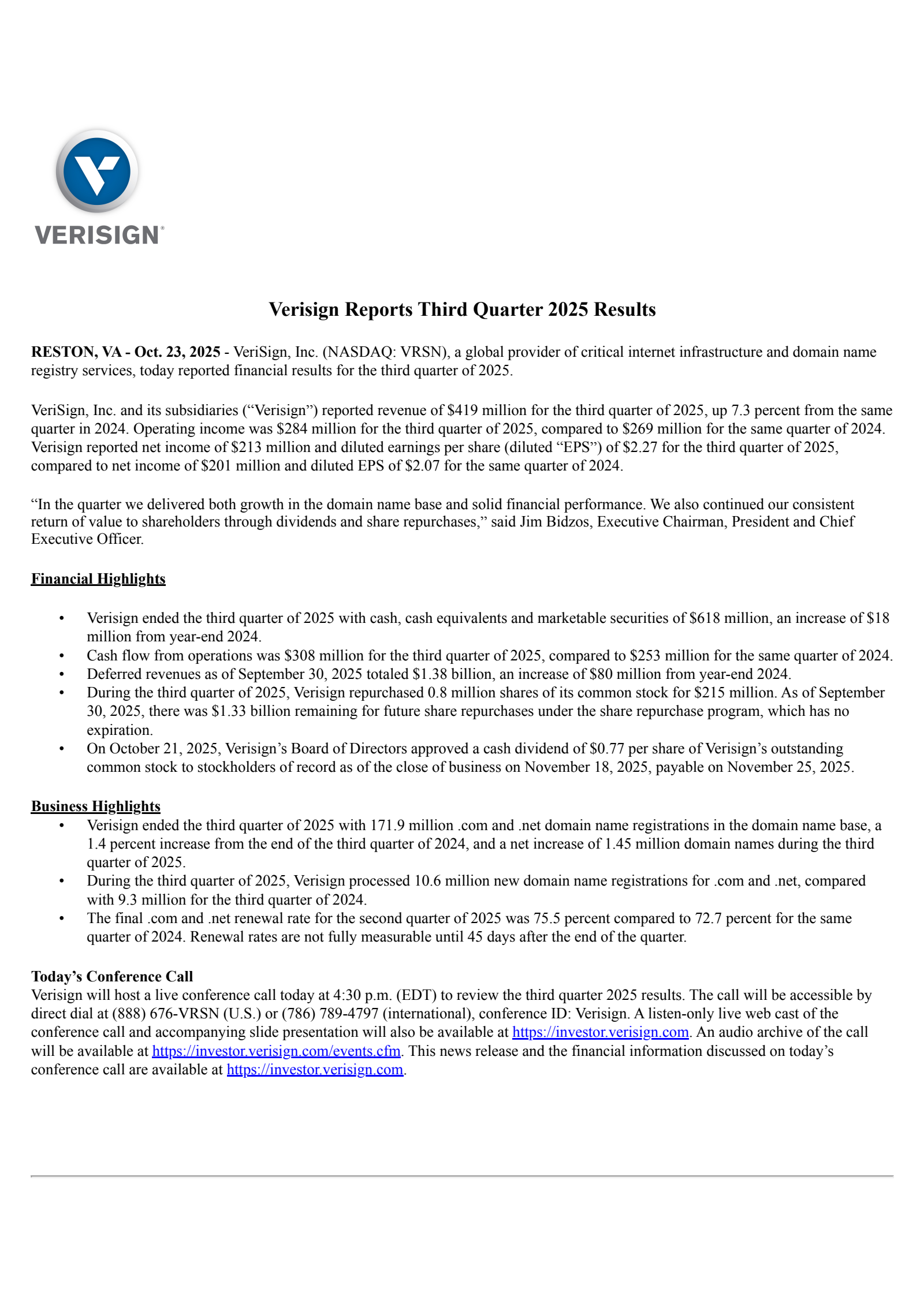 VeriSign's Q3 2025 Earnings Release