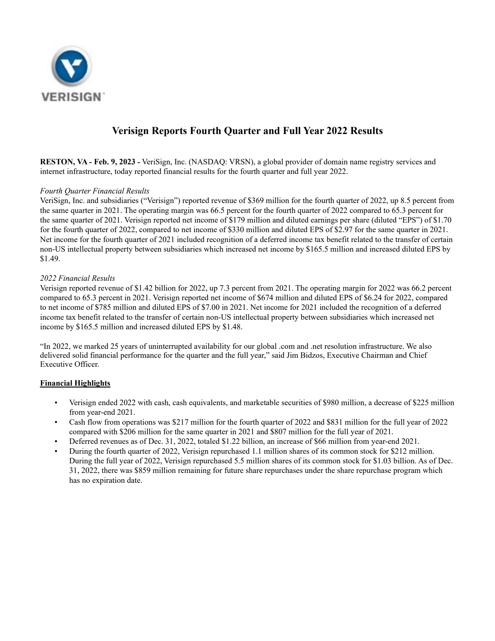 VeriSign's Q4 2022 Earnings Release
