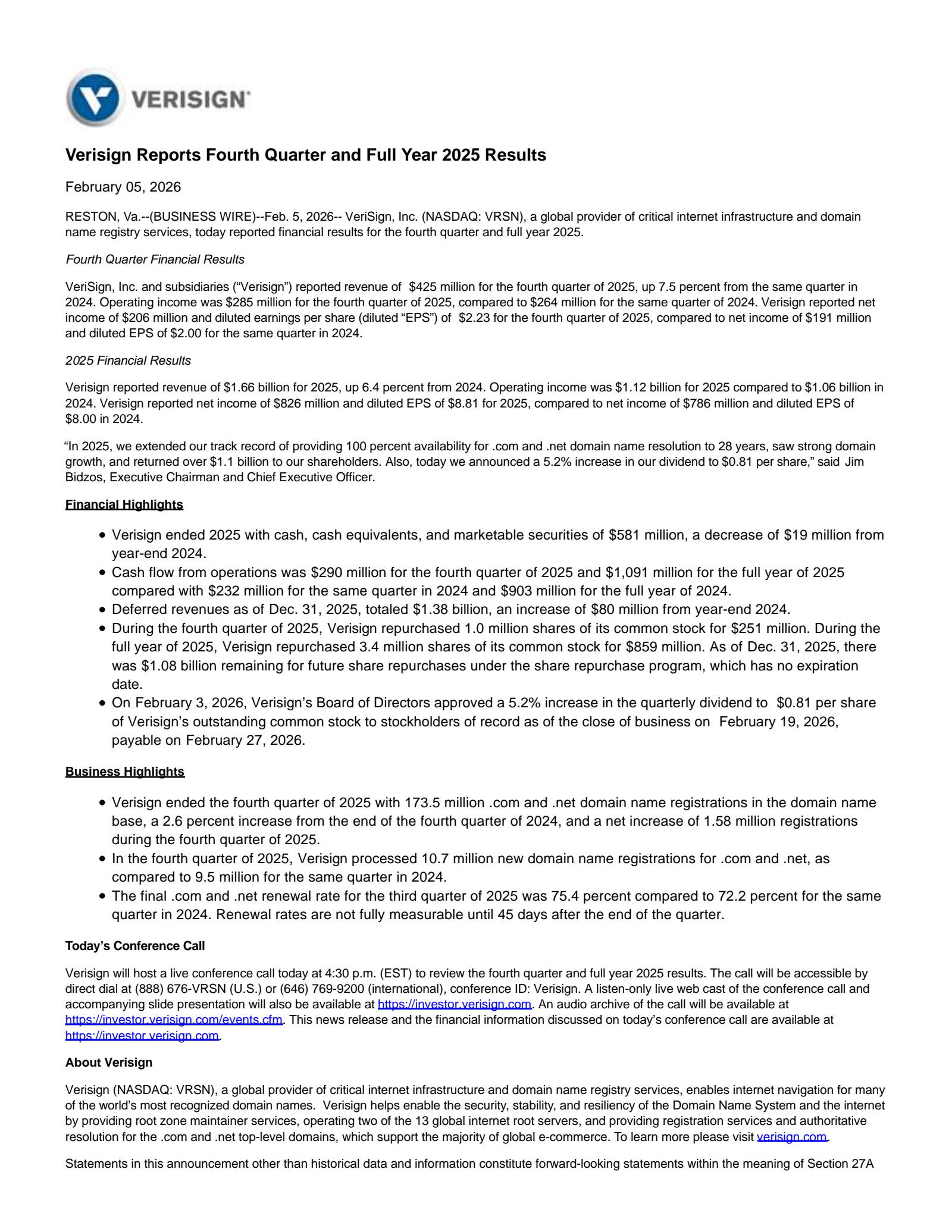 VeriSign's Q4 2025 Press Release