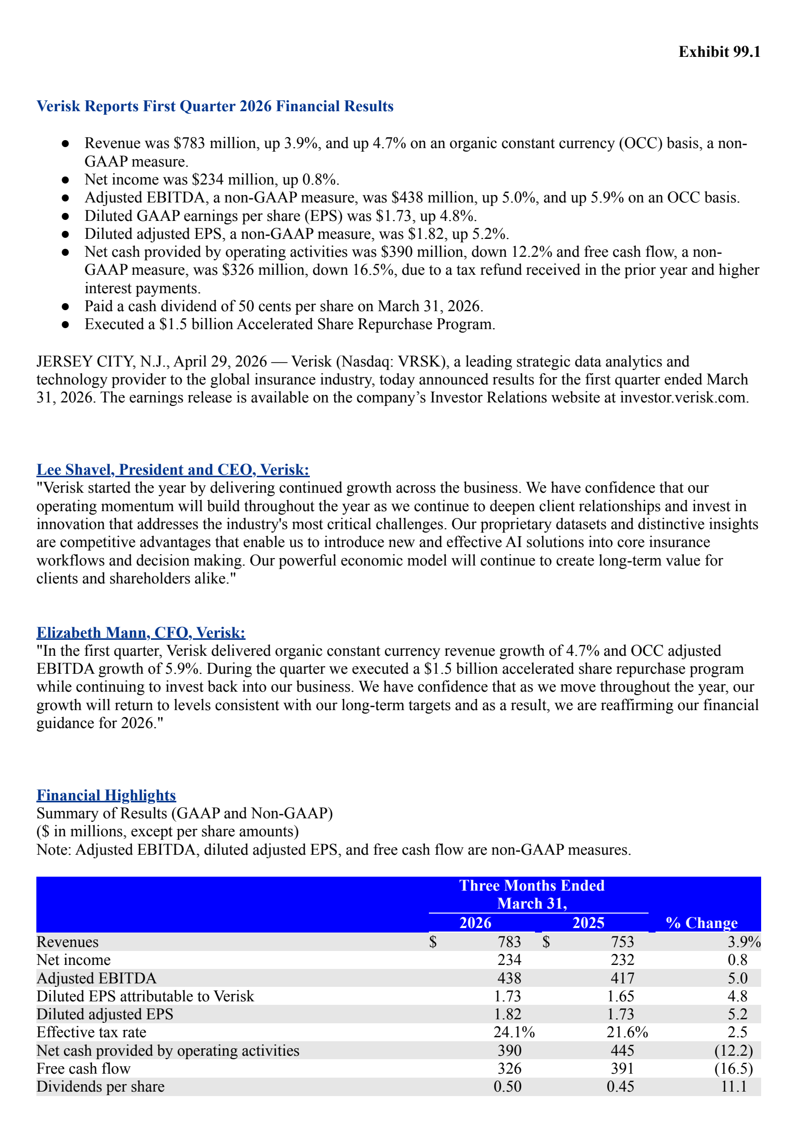 Verisk Analytics' Q1 2026 Press Release