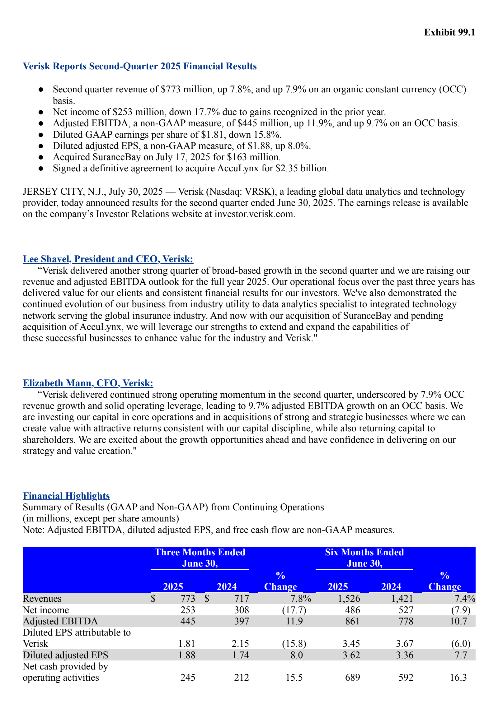 Verisk Analytics' Q2 2025 Press Release