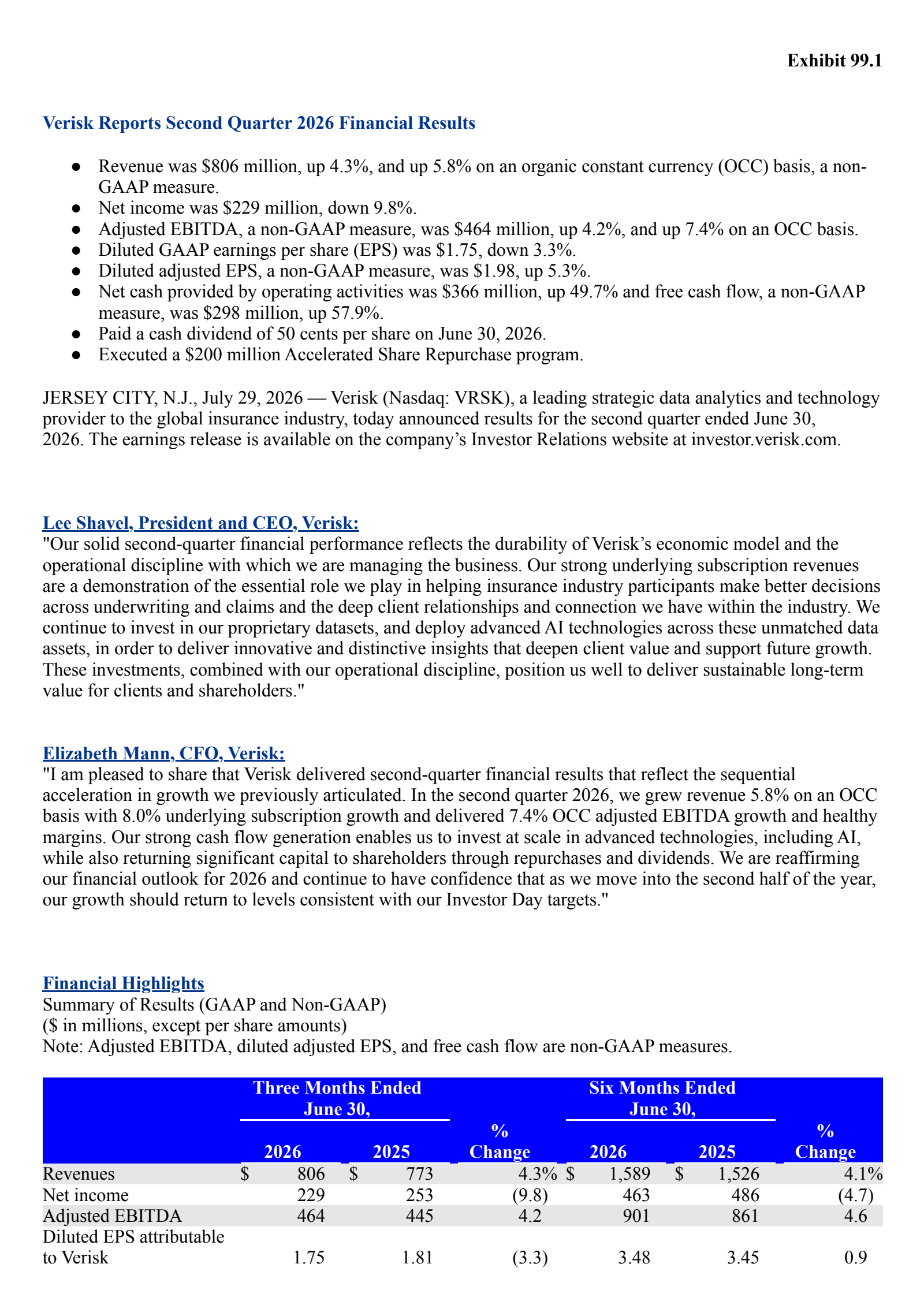 Verisk Analytics' Q2 2026 Press Release