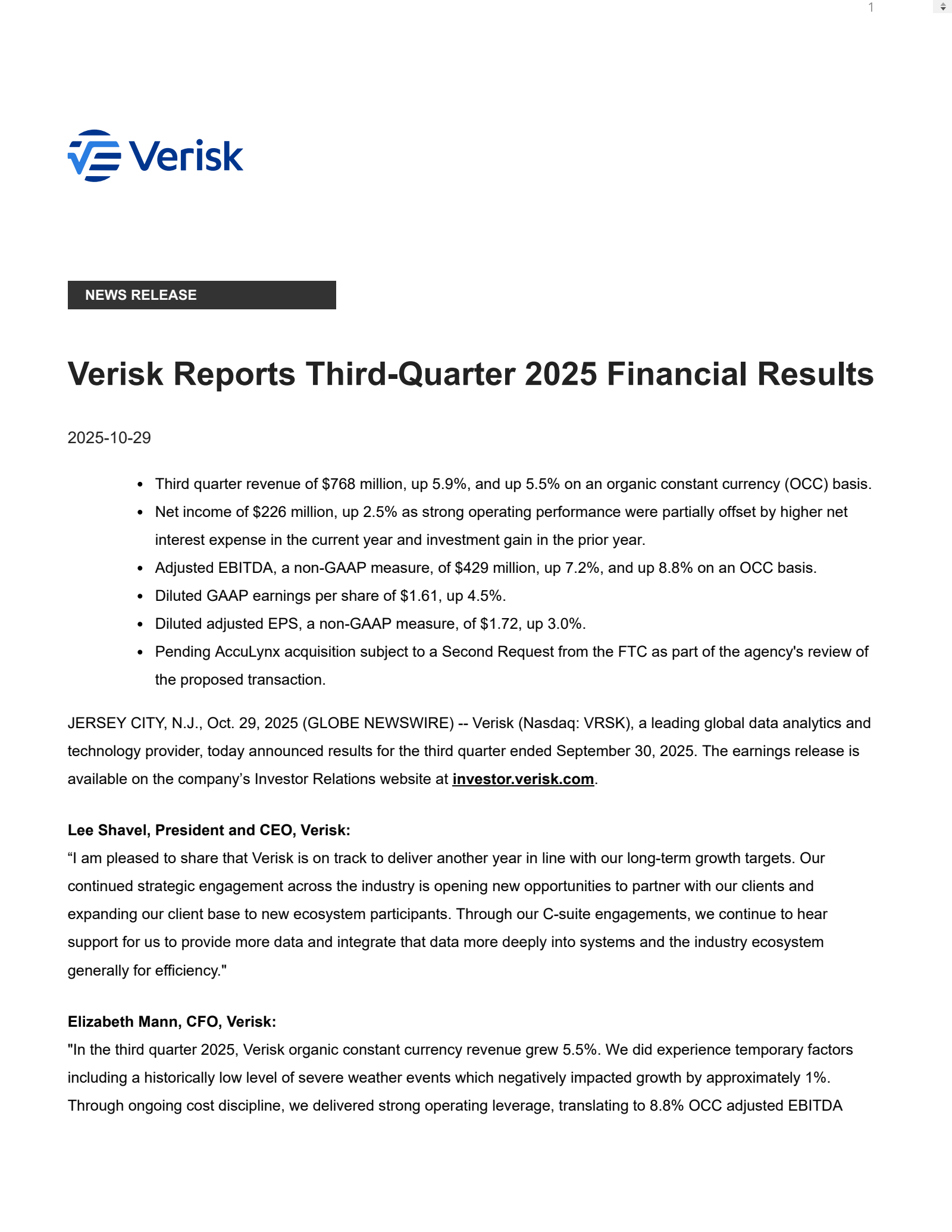 Verisk Analytics' Q3 2025 Earnings Release