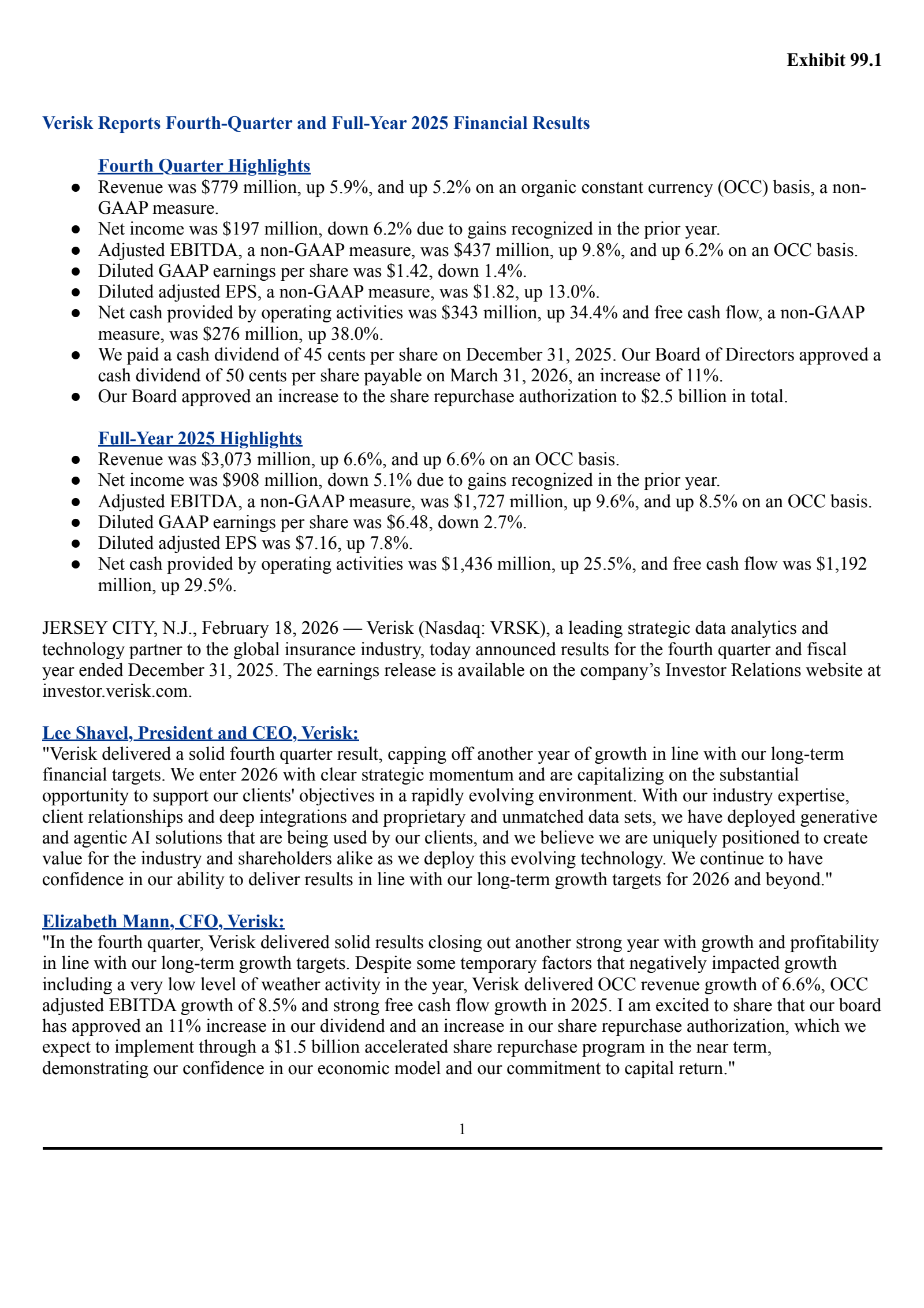 Verisk Analytics' Q4 2025 Press Release