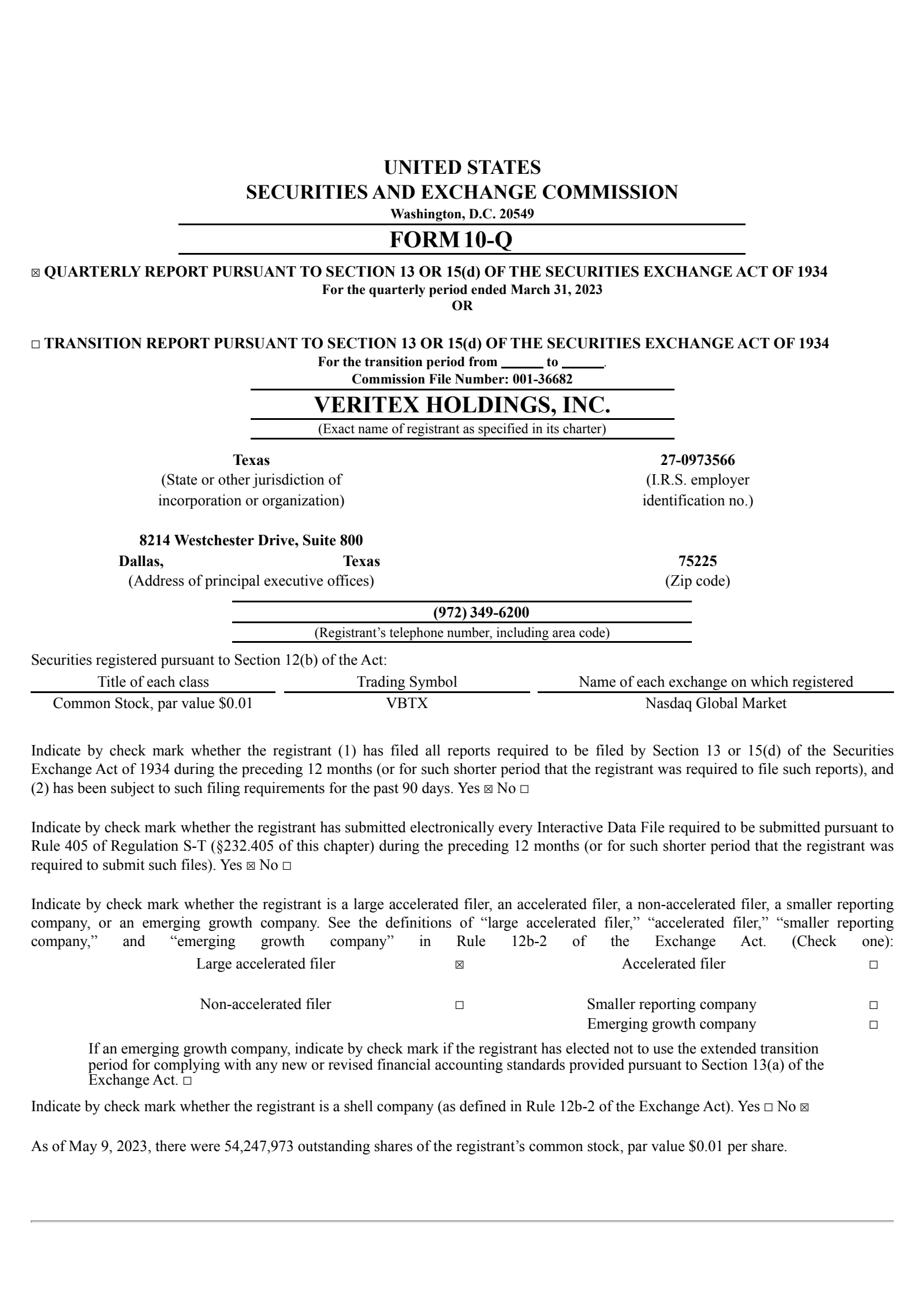 Veritex's Q1 2023 Quarterly report