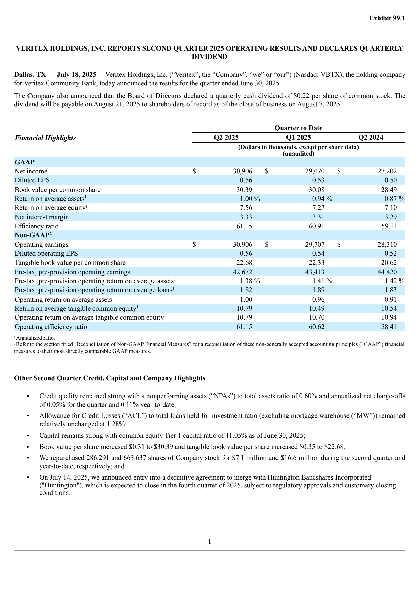 Veritex's Q2 2025 Press Release