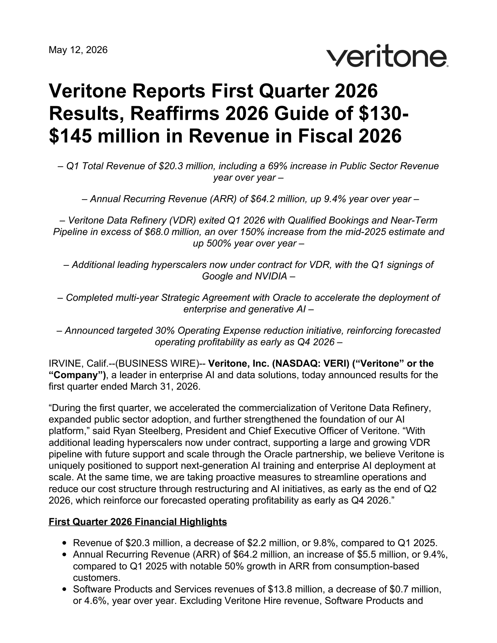 Veritone's Q1 2026 Press Release