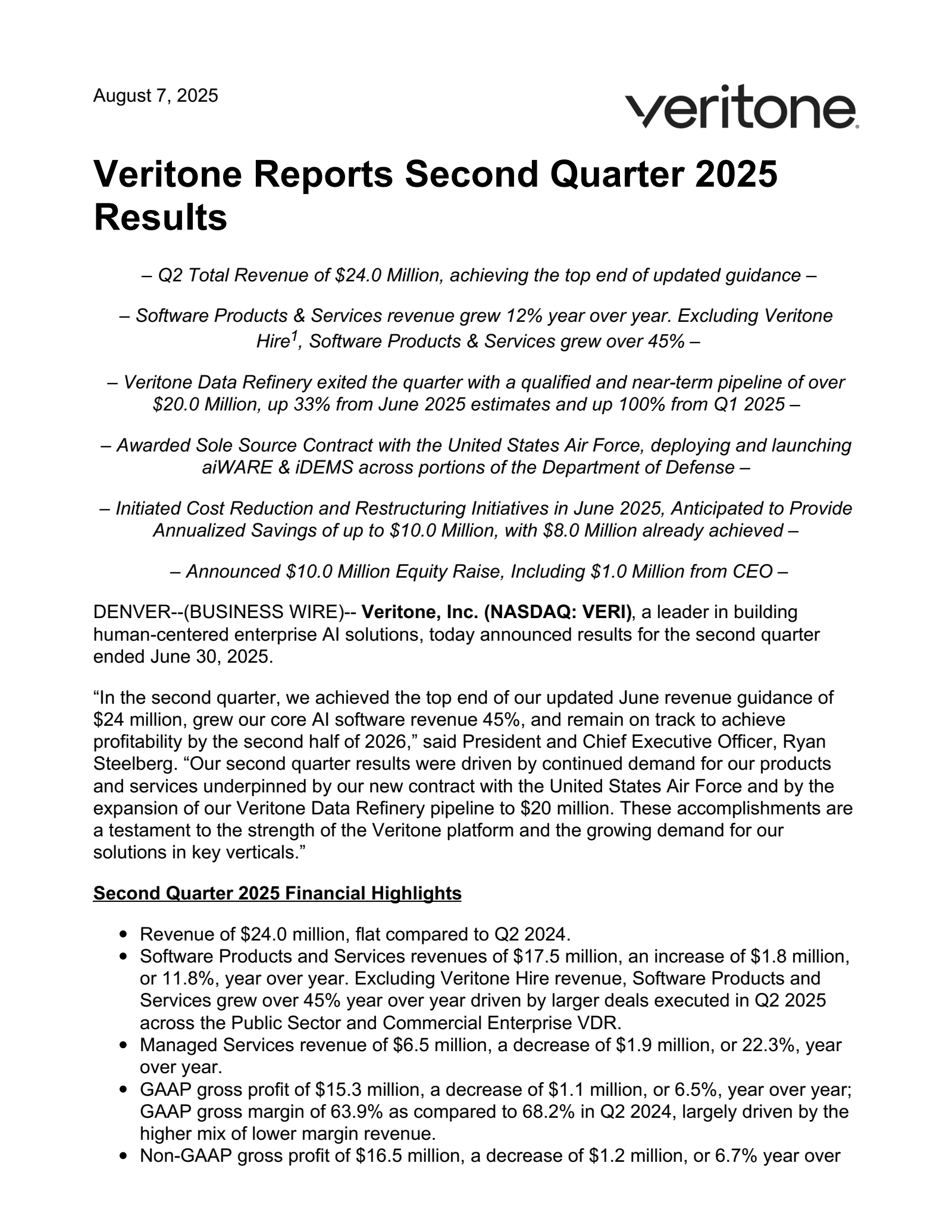 Veritone's Q2 2025 Press Release