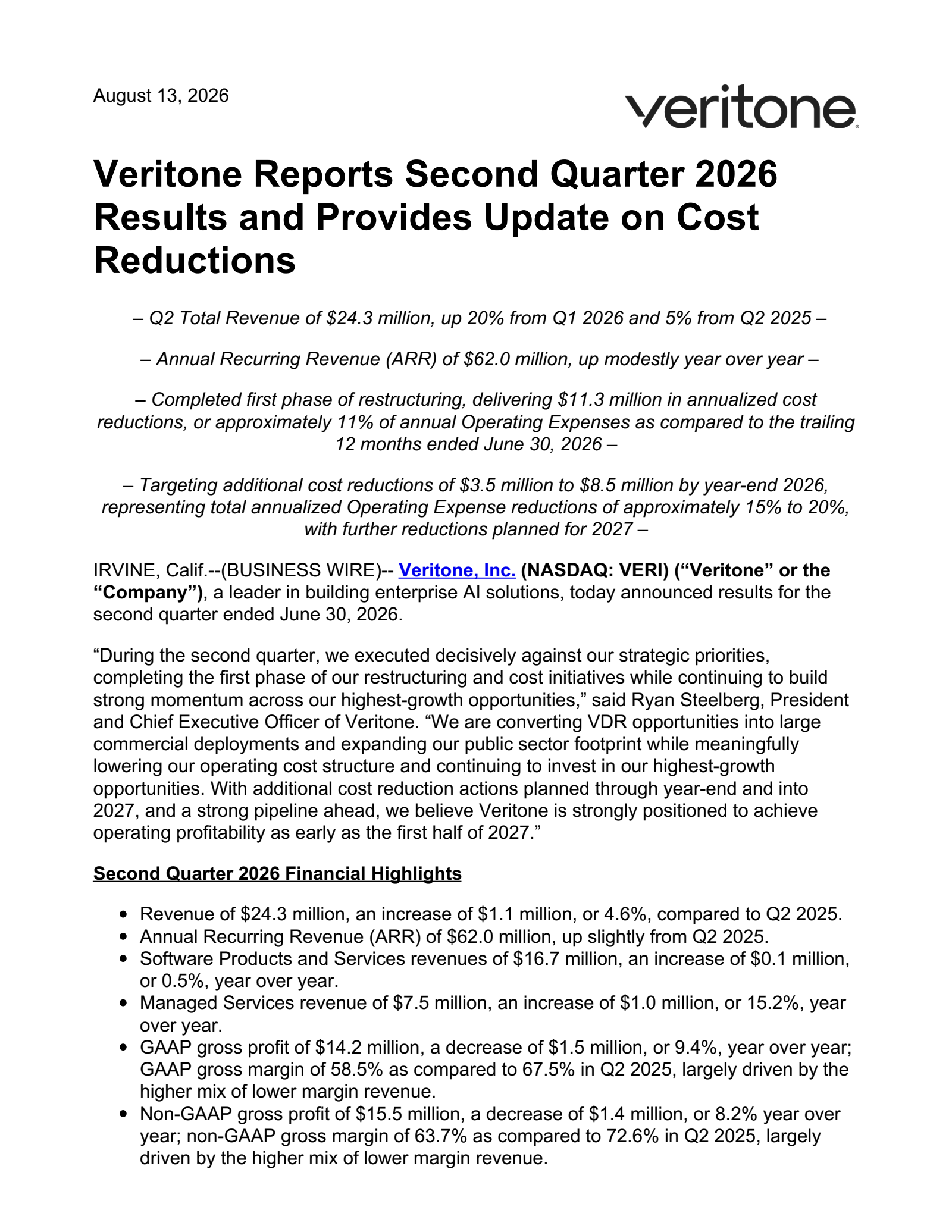Veritone's Q2 2026 Press Release