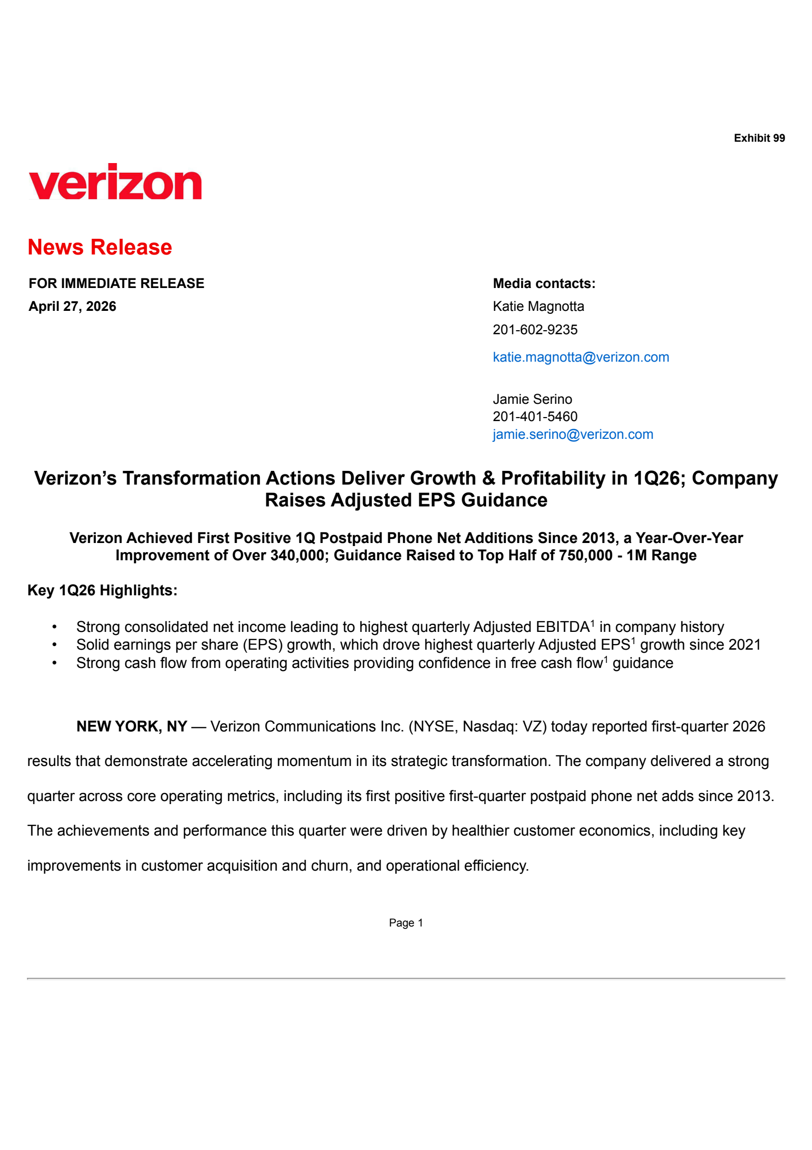Verizon Communications' Q1 2026 Press Release