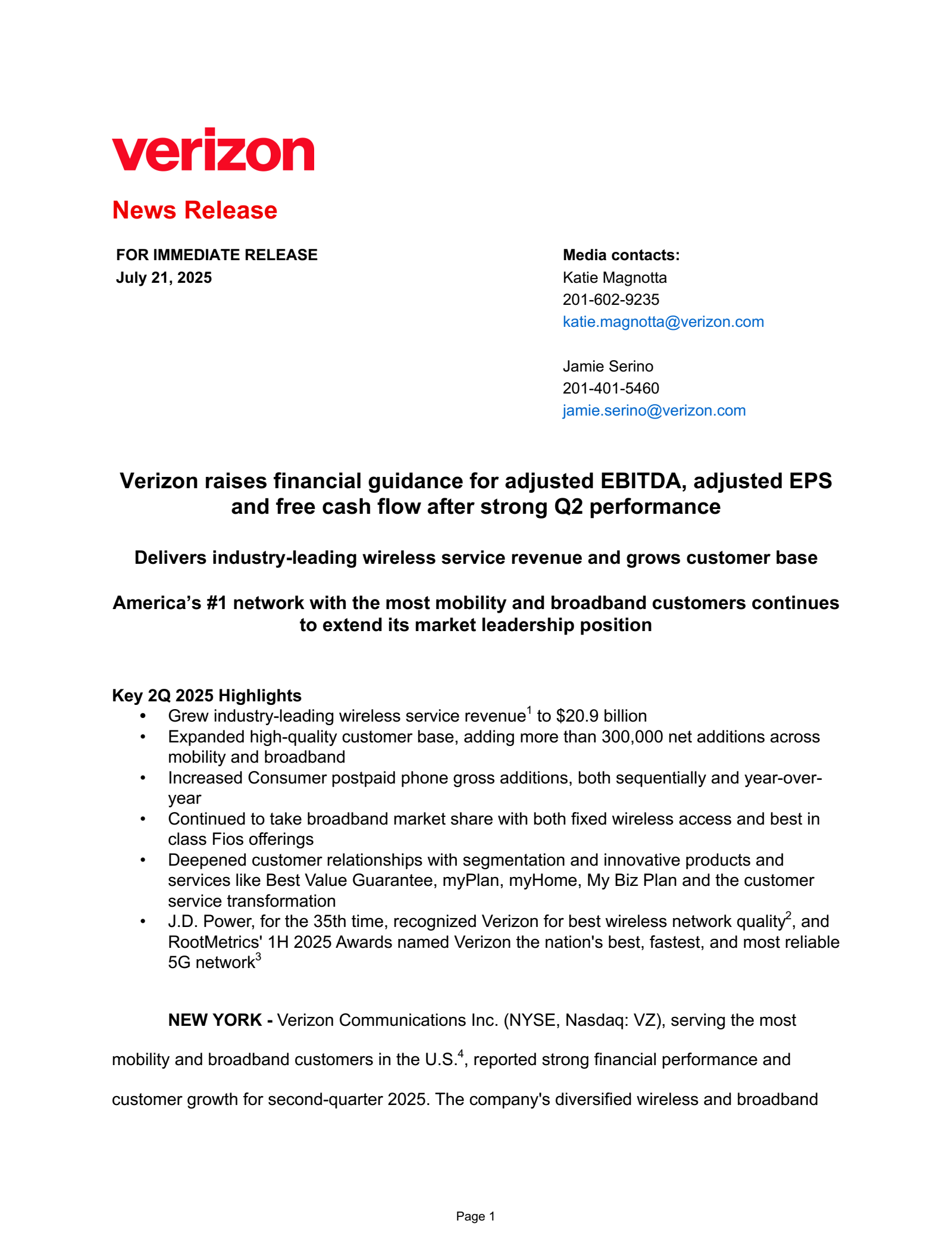 Verizon Communications' Q2 2025 Press Release